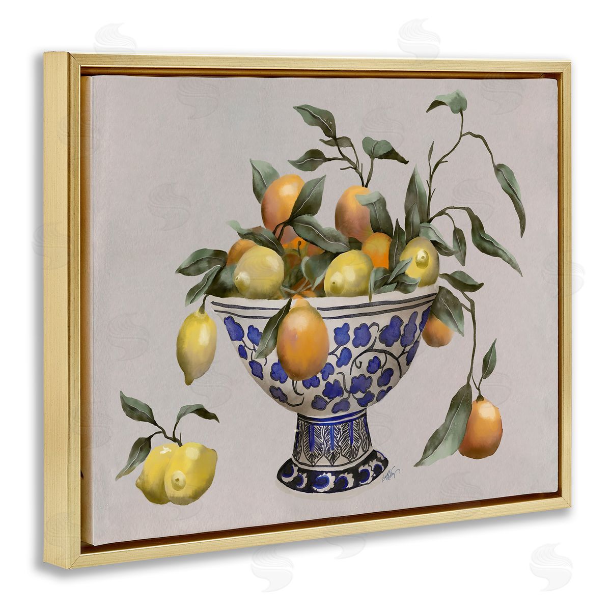 Elizabeth Medley Mixed Citrus Fruits Leaves Patterned Pottery Bowl Gold Floating Frame Canvas Wall Art Print