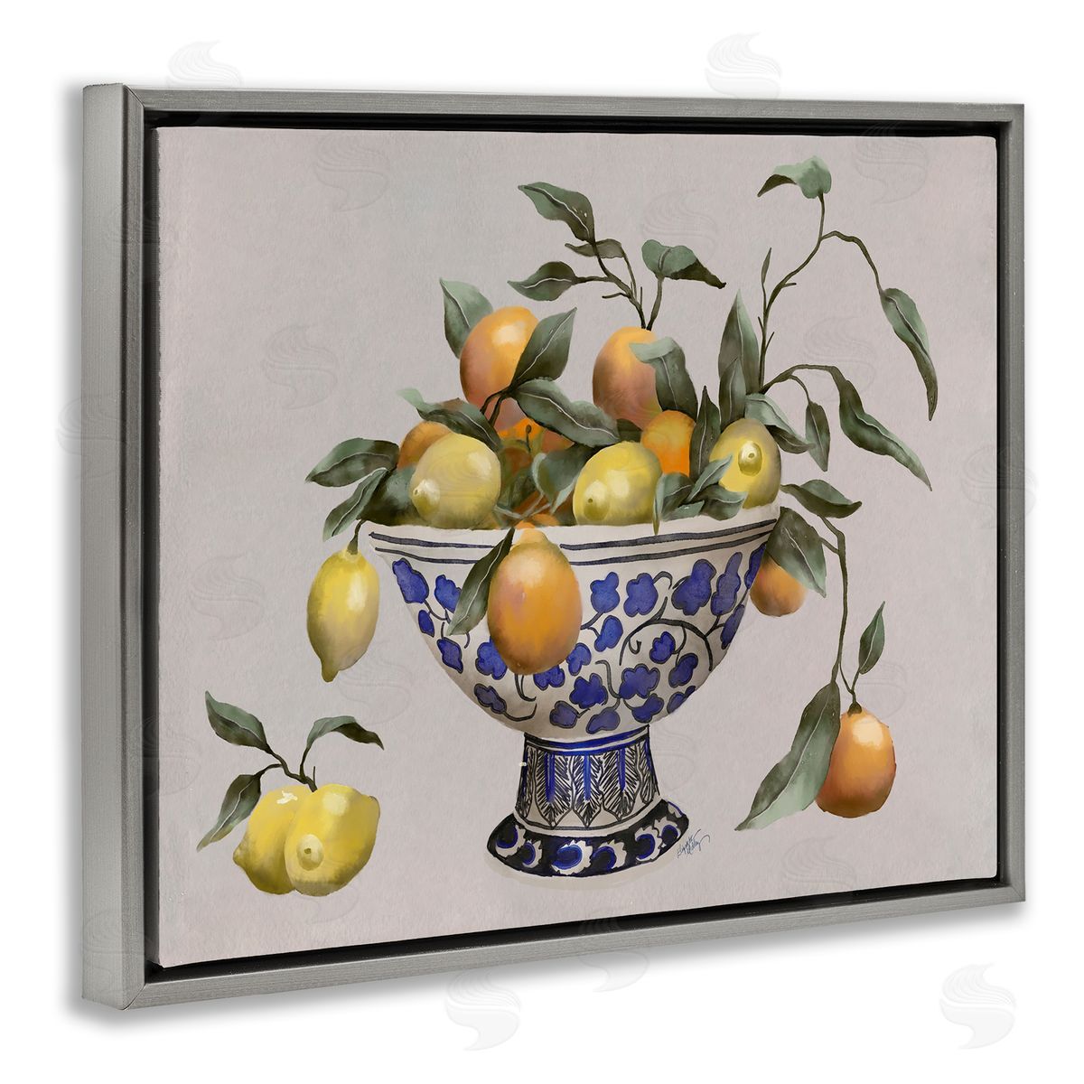Elizabeth Medley Mixed Citrus Fruits Leaves Patterned Pottery Bowl Gray Floating Frame Canvas Wall Art Print