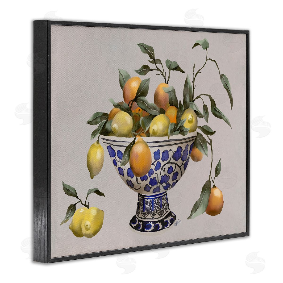 Elizabeth Medley Mixed Citrus Fruits Leaves Patterned Pottery Bowl Black Framed Giclee Wall Art Print