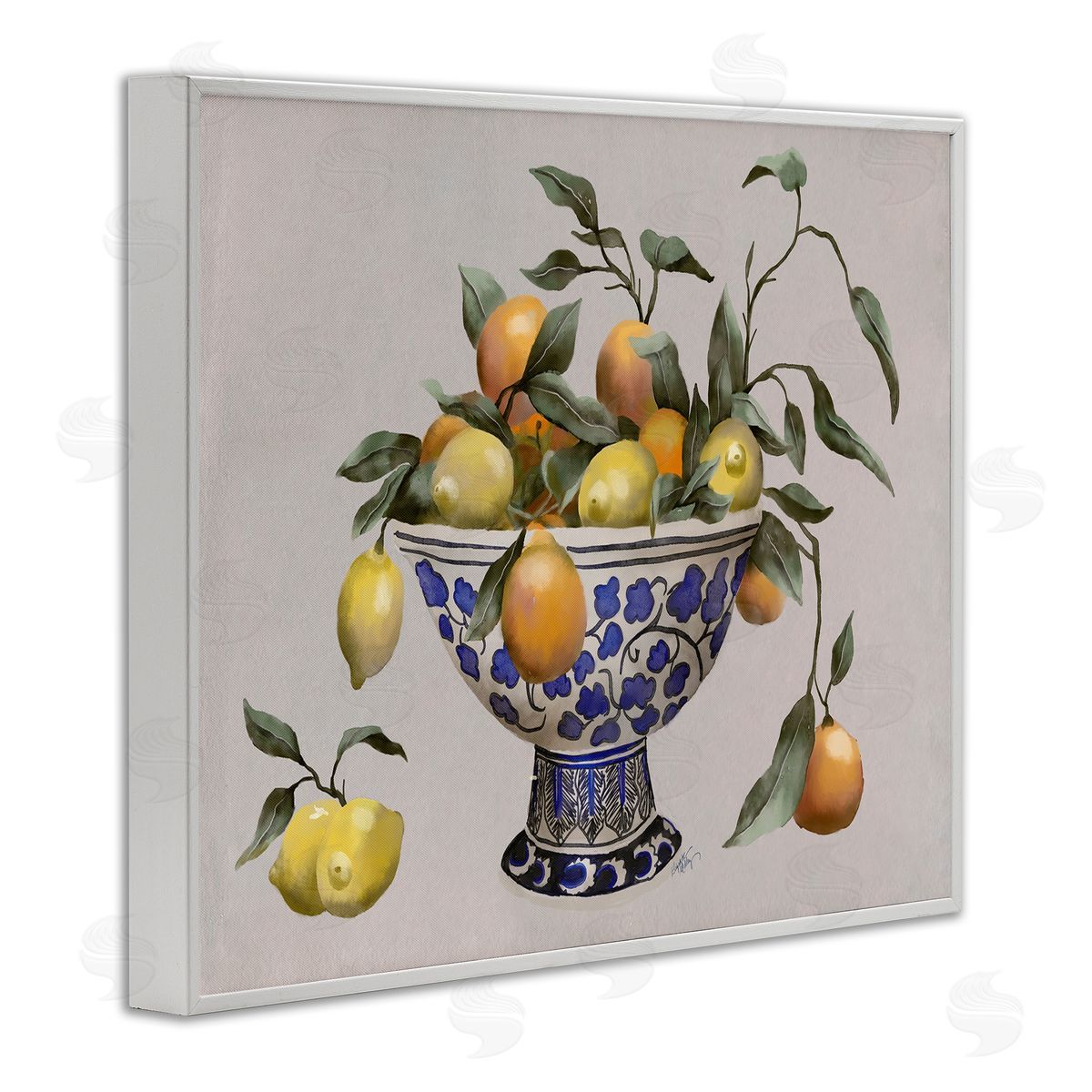 Elizabeth Medley Mixed Citrus Fruits Leaves Patterned Pottery Bowl White Framed Giclee Wall Art Print