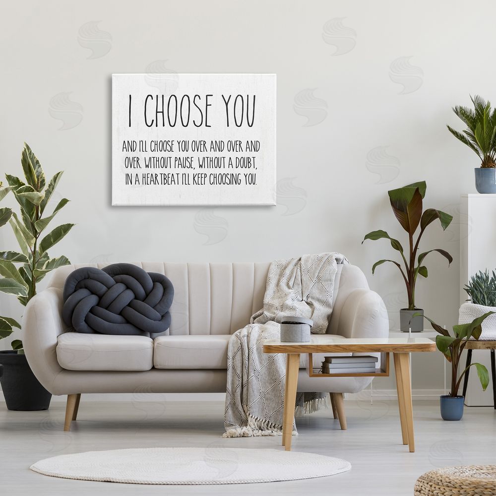 Lettered and Lined I Choose You Romantic Love Quote Casual Typography Canvas Wall Art Print in Room