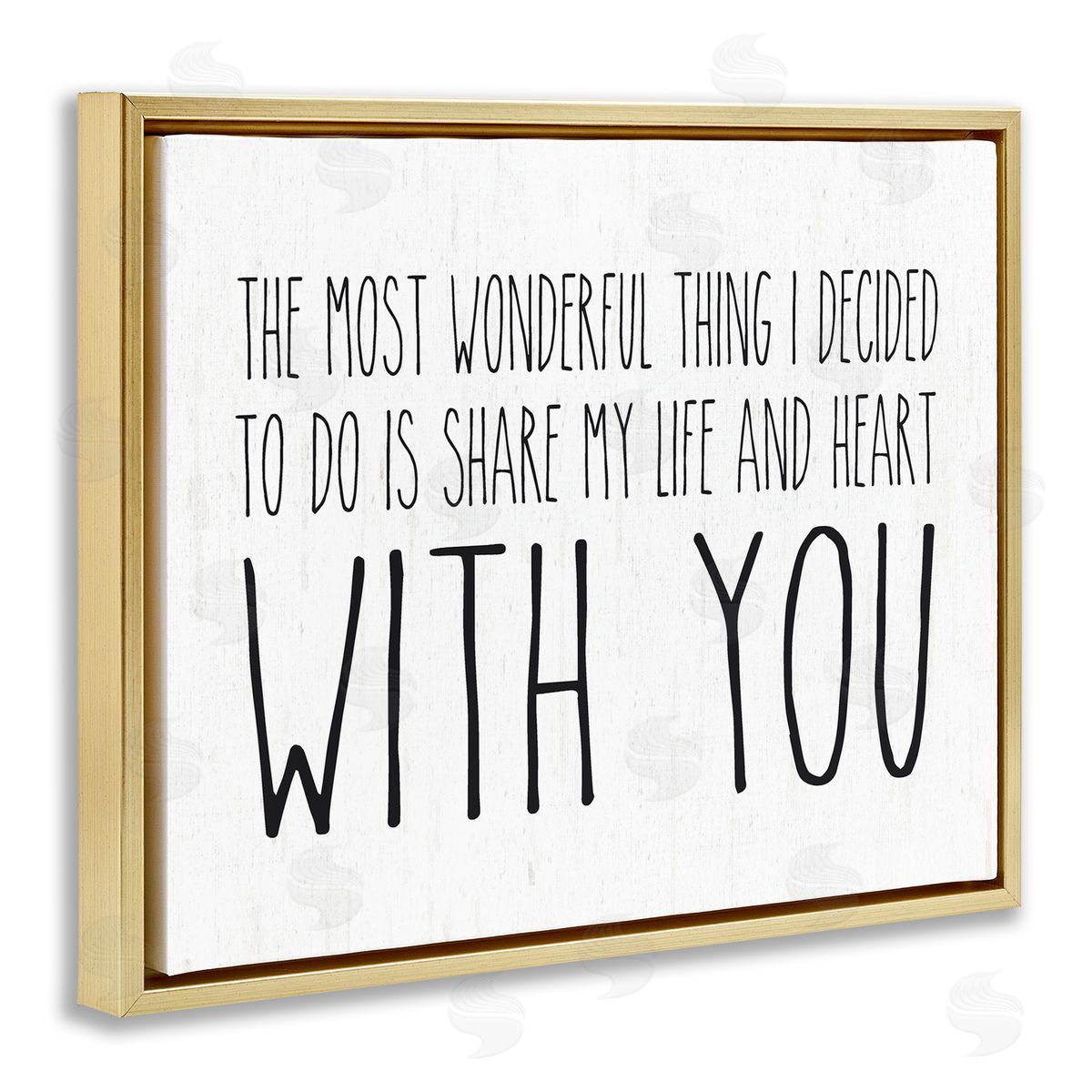 Lettered and Lined Uplifting Romance Quote Loving Phrase Birch Pattern Gold Floating Frame Canvas Wall Art Print