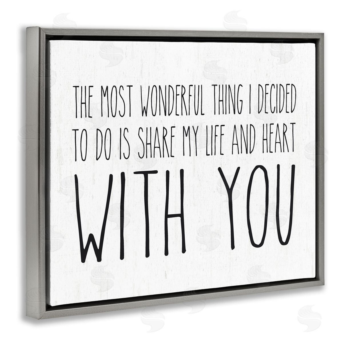 Lettered and Lined Uplifting Romance Quote Loving Phrase Birch Pattern Gray Floating Frame Canvas Wall Art Print