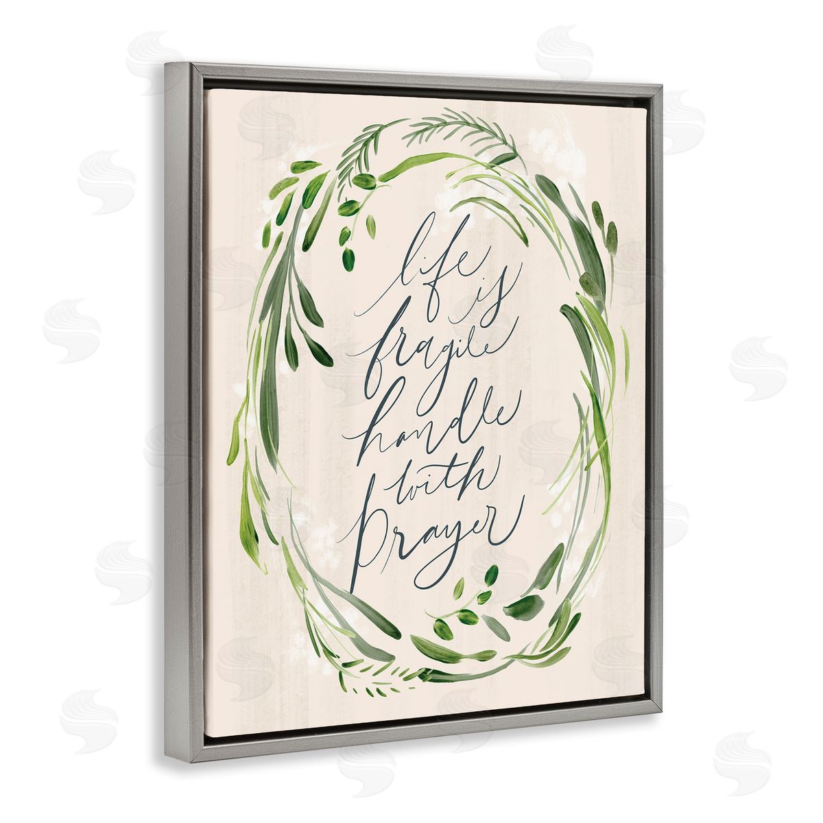 Caverly Smith Religious Prayer Phrase Script Botanical Leaf   Gray Floating Frame Canvas Wall Art Print
