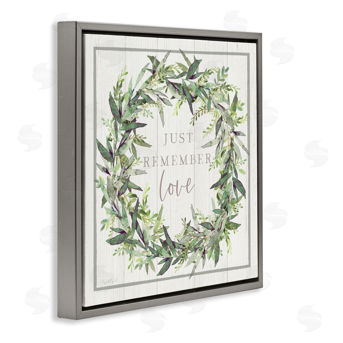 Elizabeth Tyndall Just Remember Love Phrase Botanical Wreath Border  Gray Floating Frame Canvas Wall Art Print