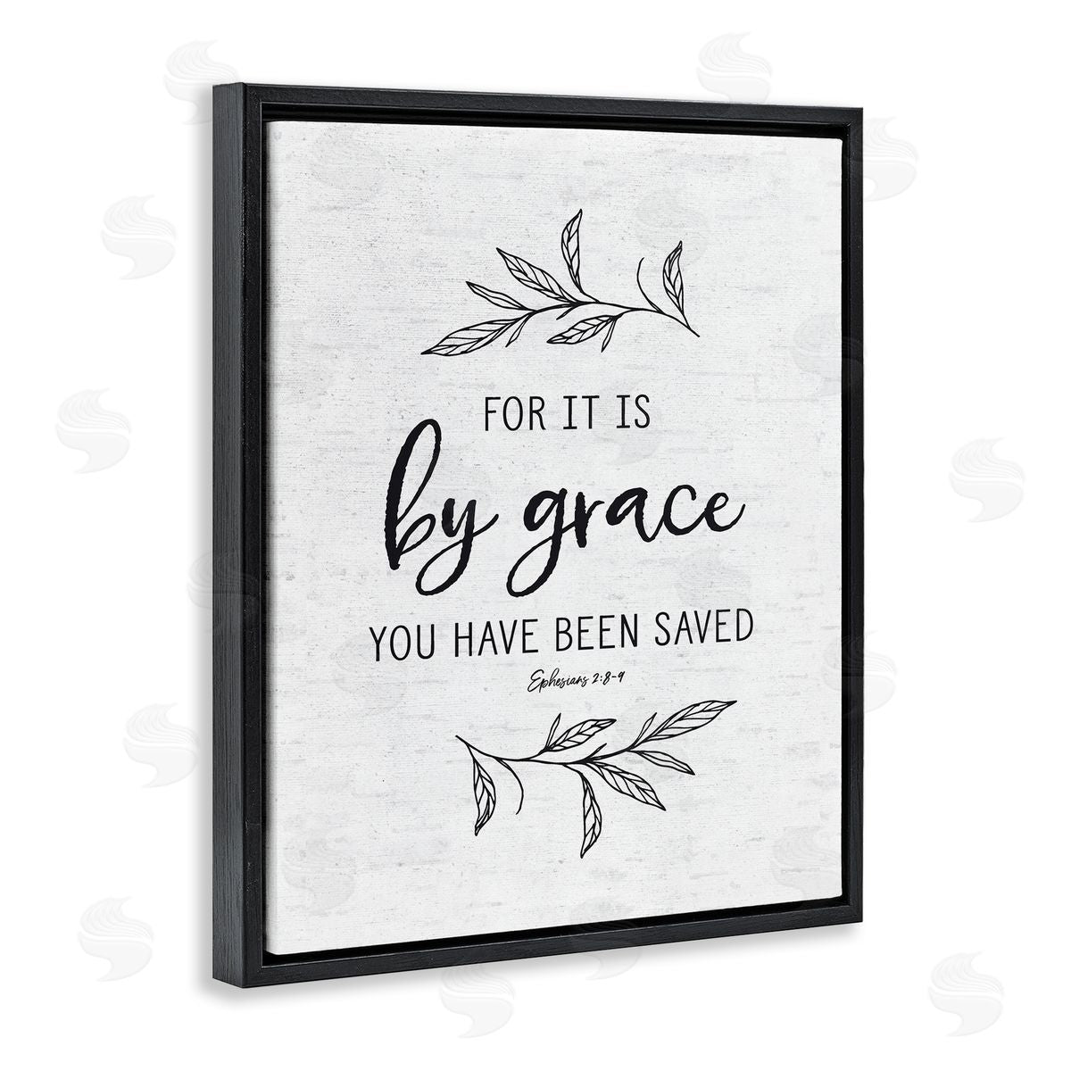 Lettered and Lined By Grace Spiritual Verse Phrase Leaf Sprigs Black Floating Frame Canvas Wall Art Print