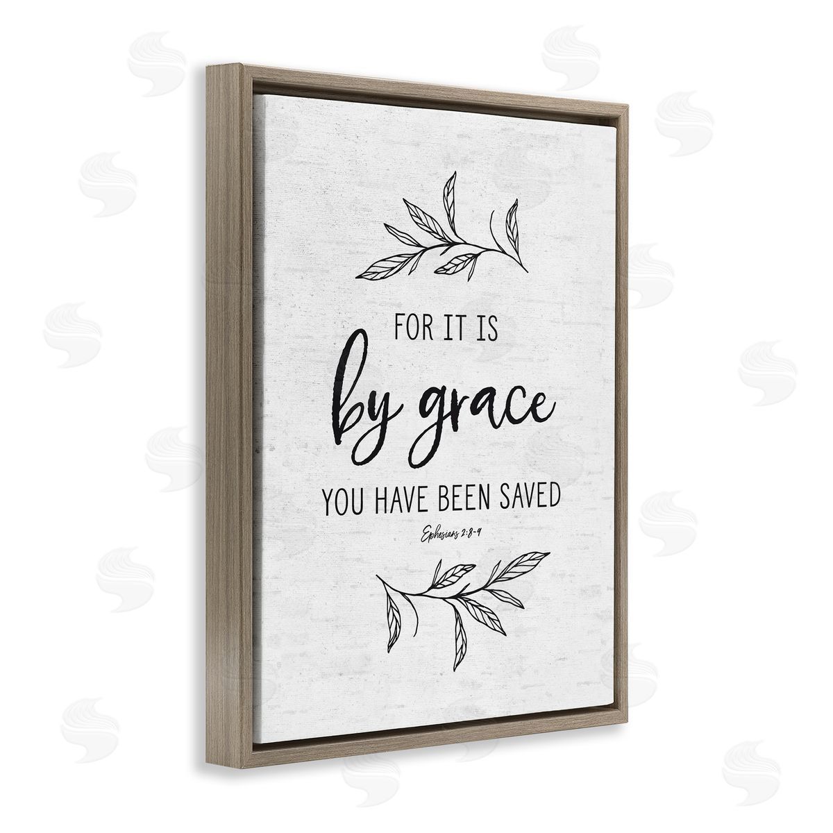 Lettered and Lined By Grace Spiritual Verse Phrase Leaf Sprigs Brown Floating Frame Canvas Wall Art Print