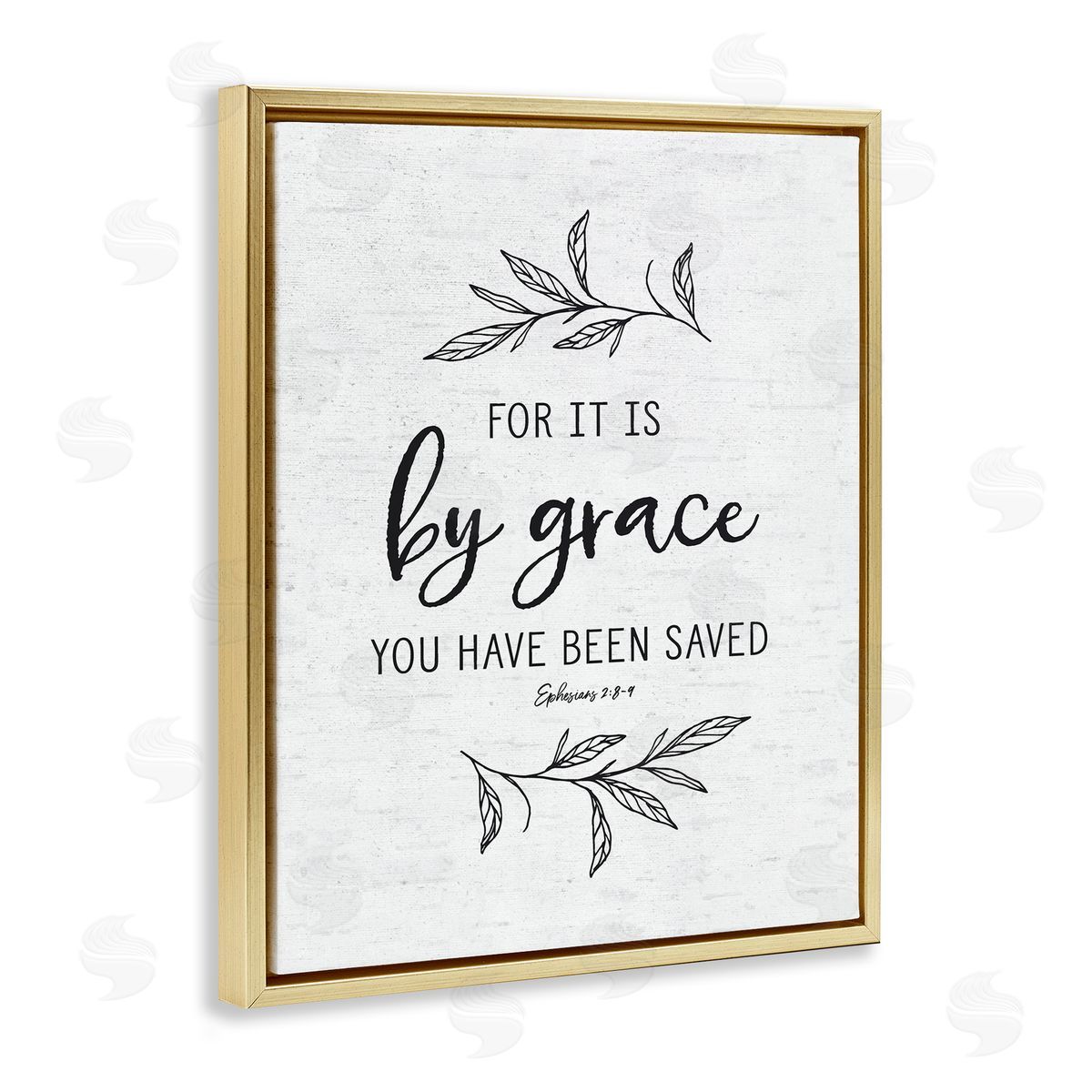Lettered and Lined By Grace Spiritual Verse Phrase Leaf Sprigs Gold Floating Frame Canvas Wall Art Print