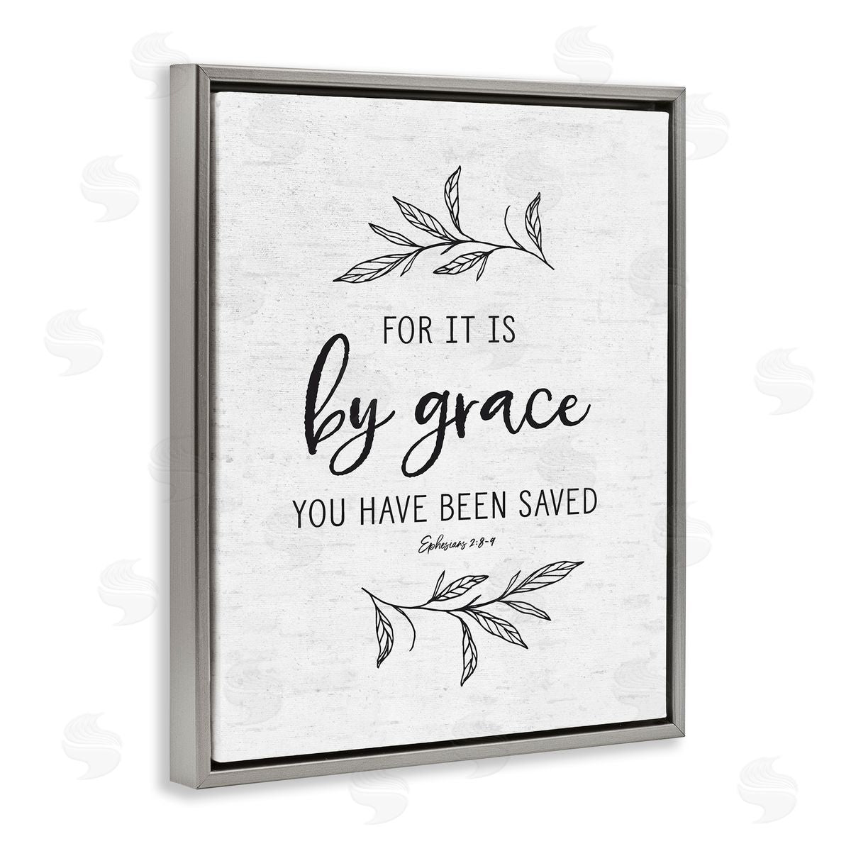 Lettered and Lined By Grace Spiritual Verse Phrase Leaf Sprigs Gray Floating Frame Canvas Wall Art Print