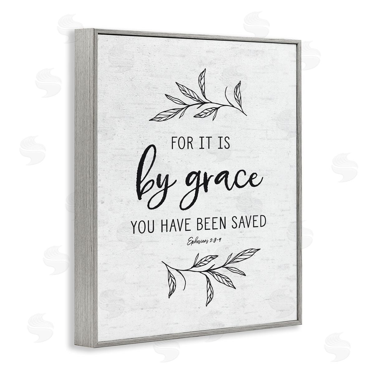 Lettered and Lined By Grace Spiritual Verse Phrase Leaf Sprigs Gray Framed Giclee Wall Art Print