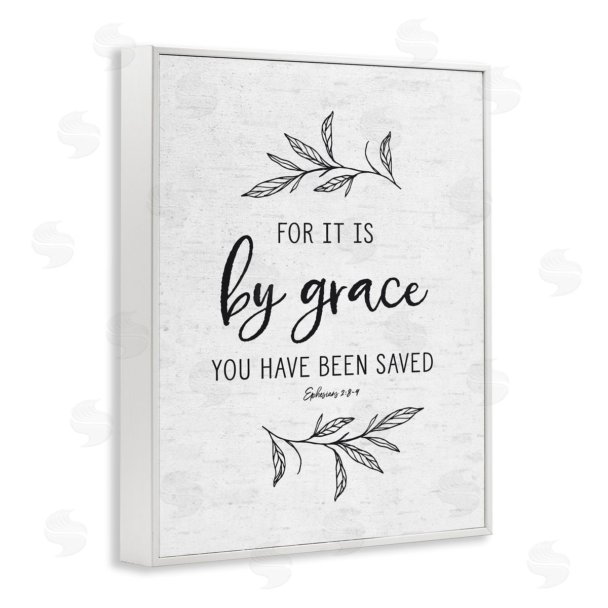 Lettered and Lined By Grace Spiritual Verse Phrase Leaf Sprigs White Framed Giclee Wall Art Print