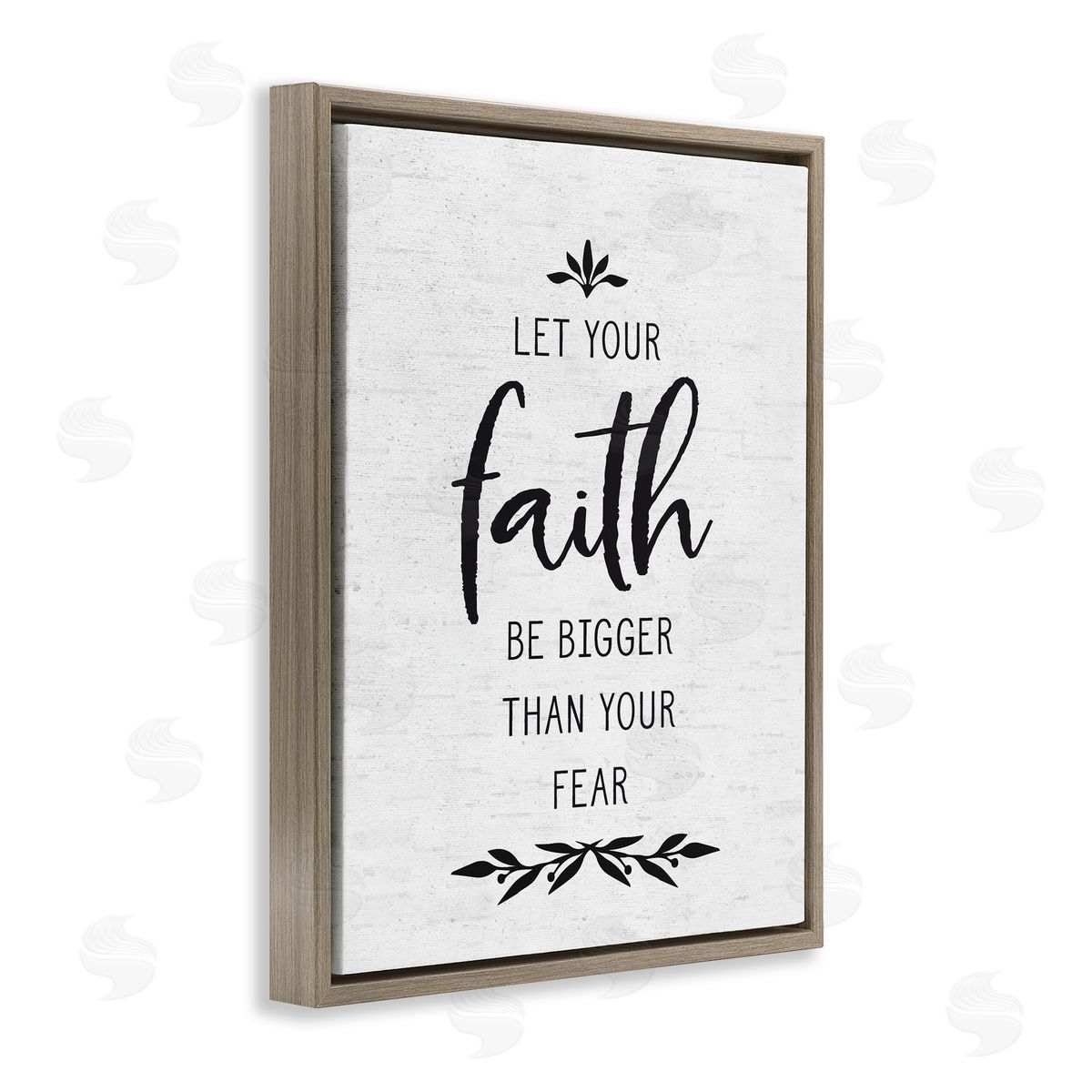 Lettered and Lined Faith Over Fear Rustic Birch Pattern Botanical Brown Floating Frame Canvas Wall Art Print