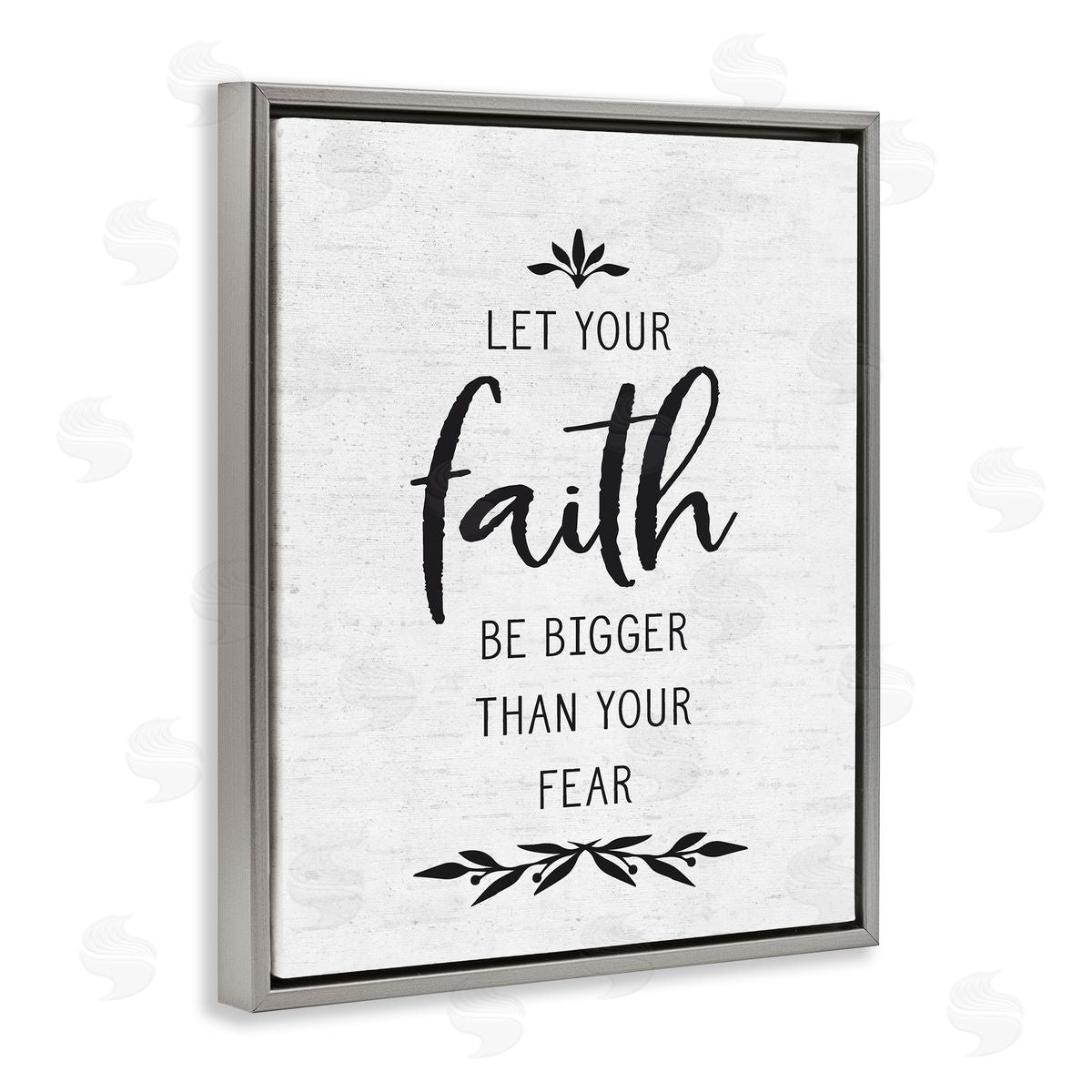Lettered and Lined Faith Over Fear Rustic Birch Pattern Botanical Gray Floating Frame Canvas Wall Art Print