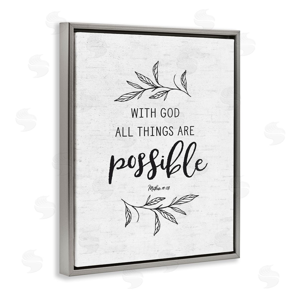 Lettered and Lined Motivational Scripture Verse Phrase Botanical Leaf Sprigs Gray Floating Frame Canvas Wall Art Print