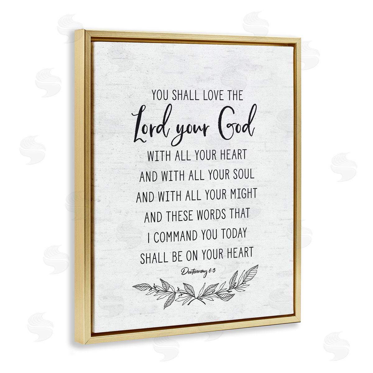 Lettered and Lined Rustic Religious Scripture Verse White Grain Pattern Gold Floating Frame Canvas Wall Art Print
