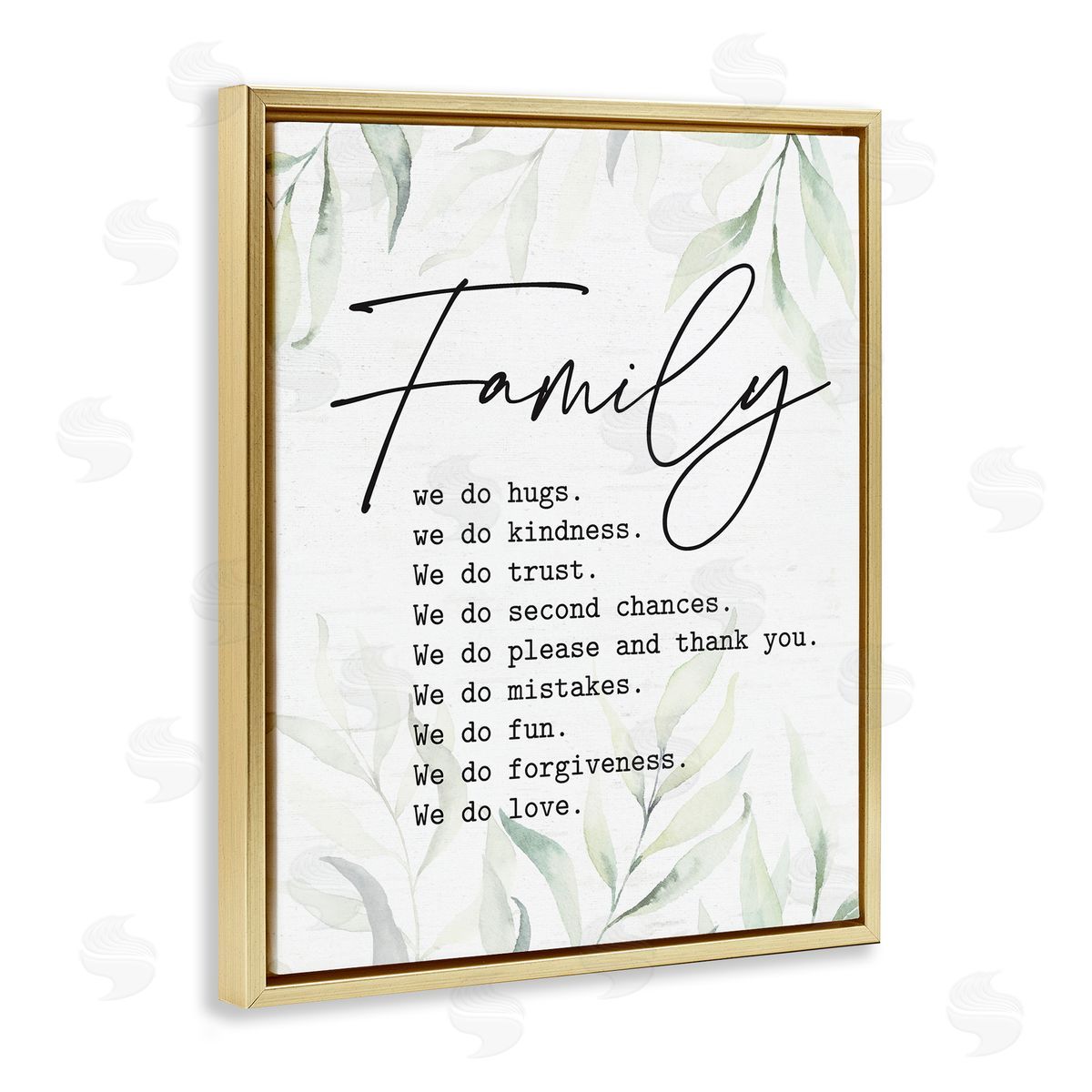Lettered and Lined Tender Family List Quote Botanical Plant Leaves Gold Floating Frame Canvas Wall Art Print