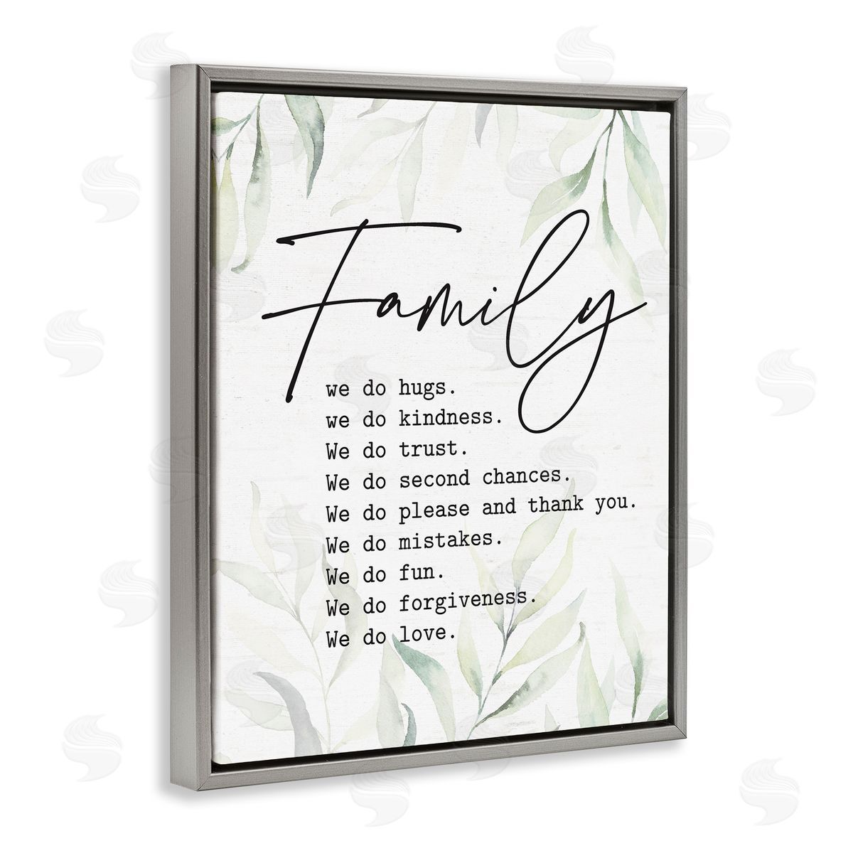 Lettered and Lined Tender Family List Quote Botanical Plant Leaves Gray Floating Frame Canvas Wall Art Print
