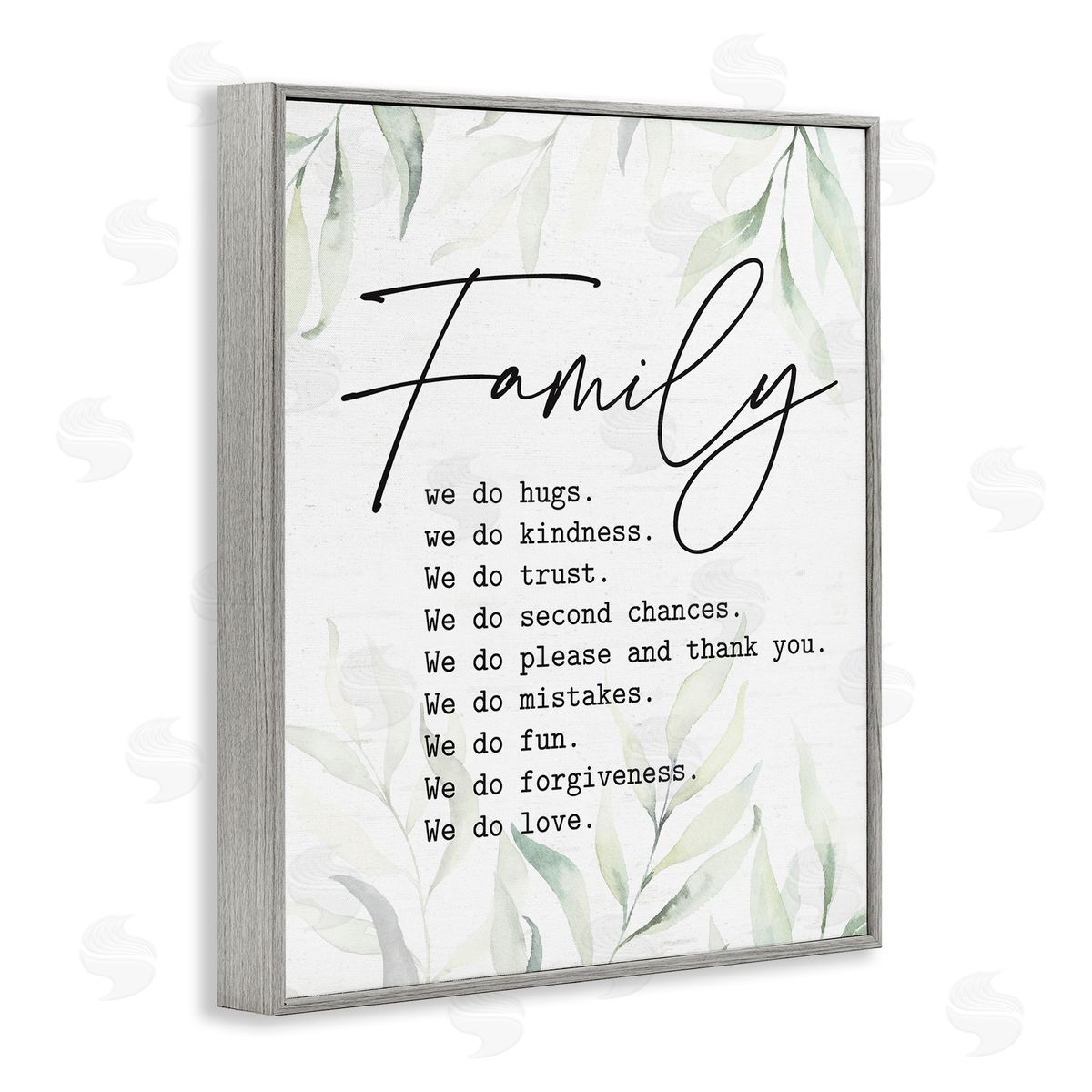 Lettered and Lined Tender Family List Quote Botanical Plant Leaves Gray Framed Giclee Wall Art Print