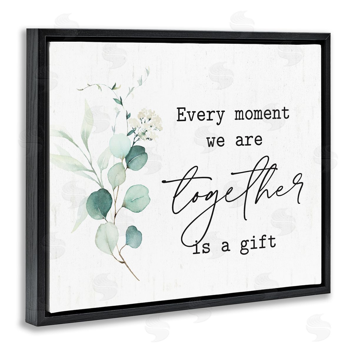 Lettered and Lined Romantic Together Typography Phrase Eucalyptus Floral Blossoms Black Floating Frame Canvas Wall Art Print