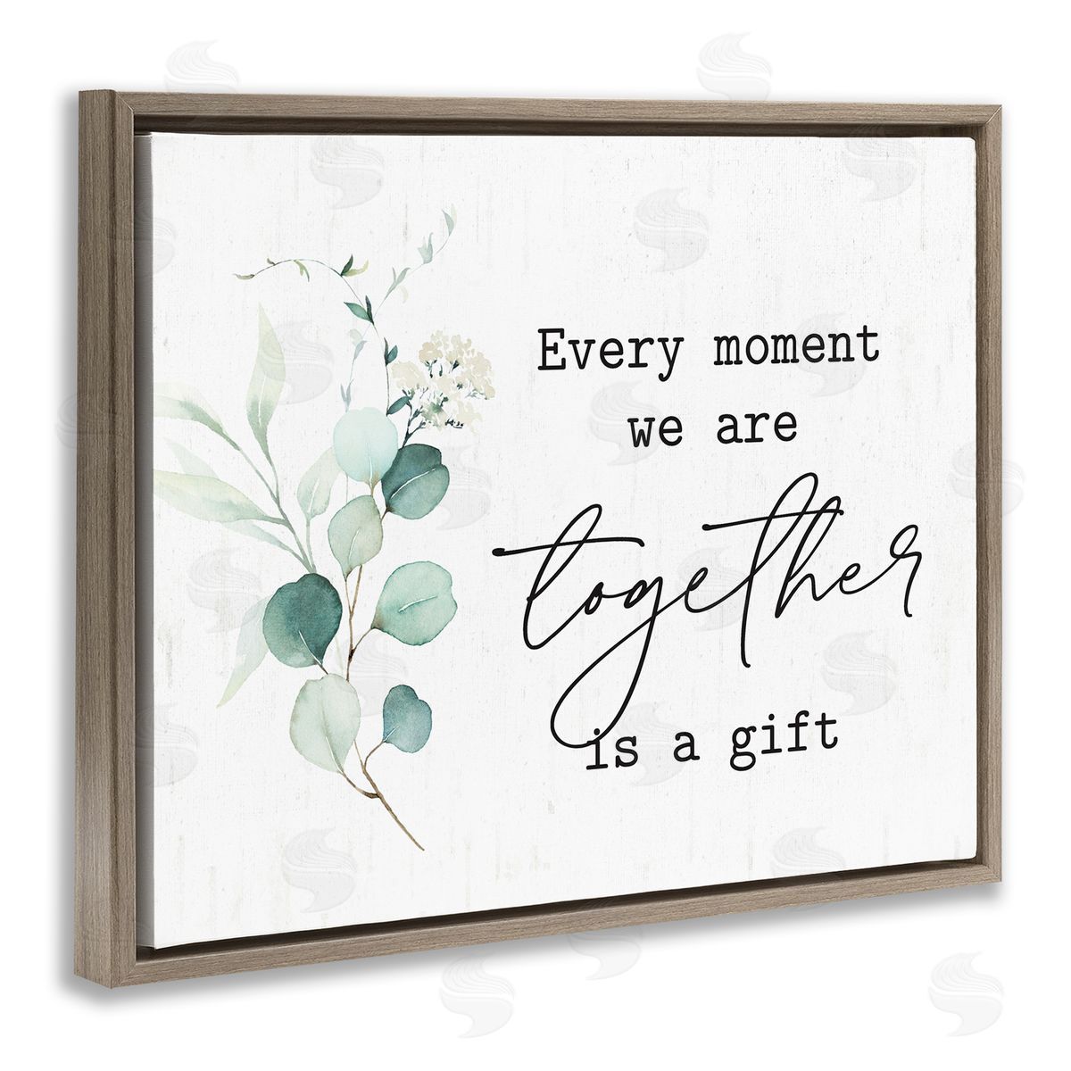 Lettered and Lined Romantic Together Typography Phrase Eucalyptus Floral Blossoms Brown Floating Frame Canvas Wall Art Print