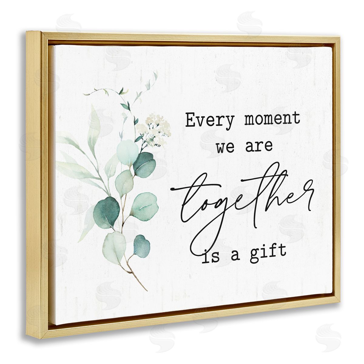 Lettered and Lined Romantic Together Typography Phrase Eucalyptus Floral Blossoms Gold Floating Frame Canvas Wall Art Print