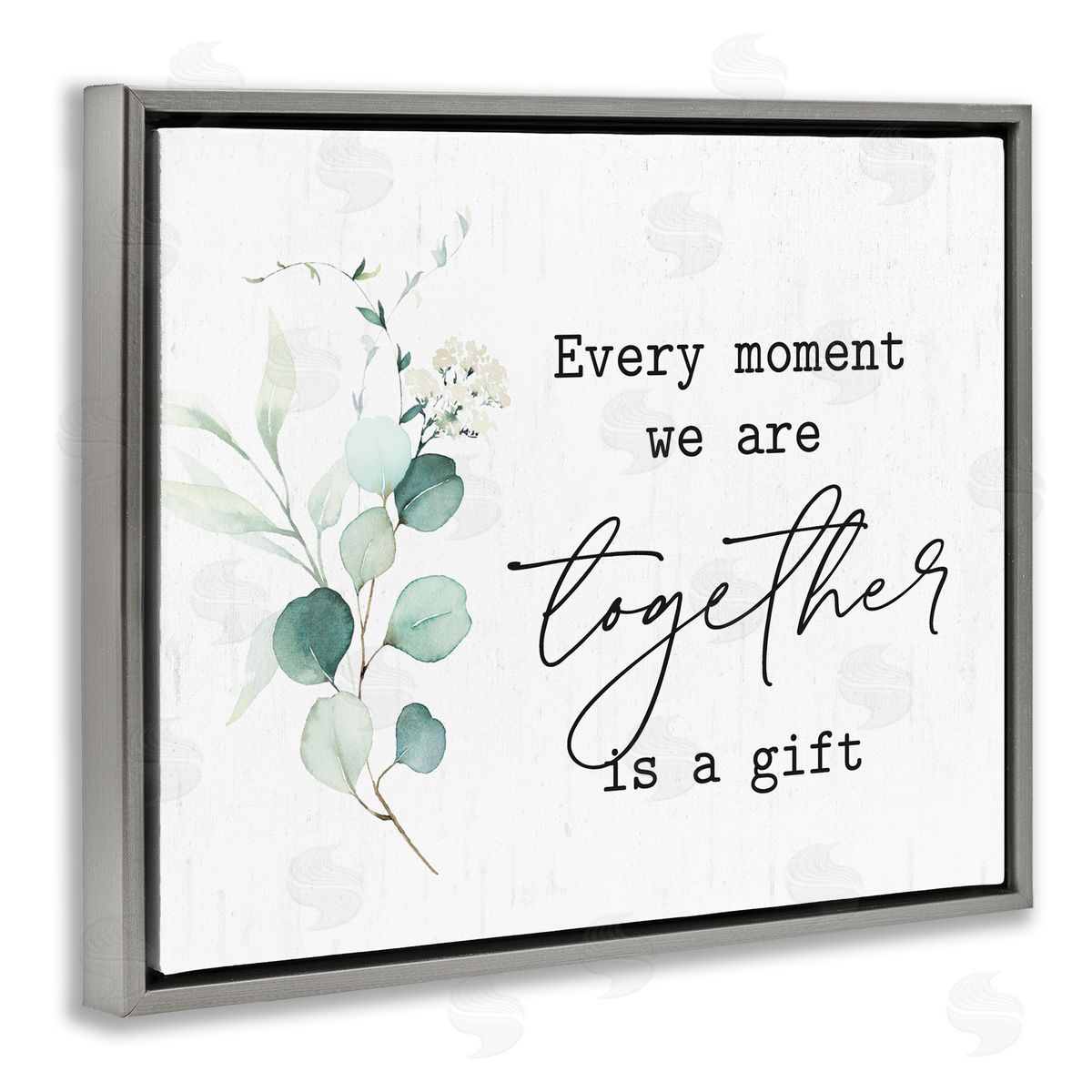 Lettered and Lined Romantic Together Typography Phrase Eucalyptus Floral Blossoms Gray Floating Frame Canvas Wall Art Print