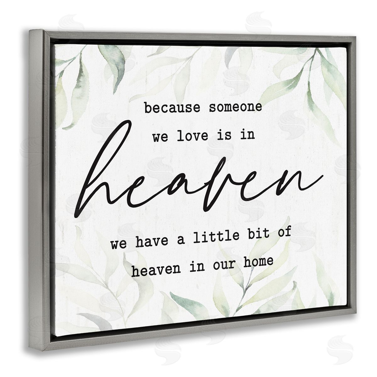 Lettered and Lined Heaven In Our Home Tropical Plant Leaves Gray Floating Frame Canvas Wall Art Print