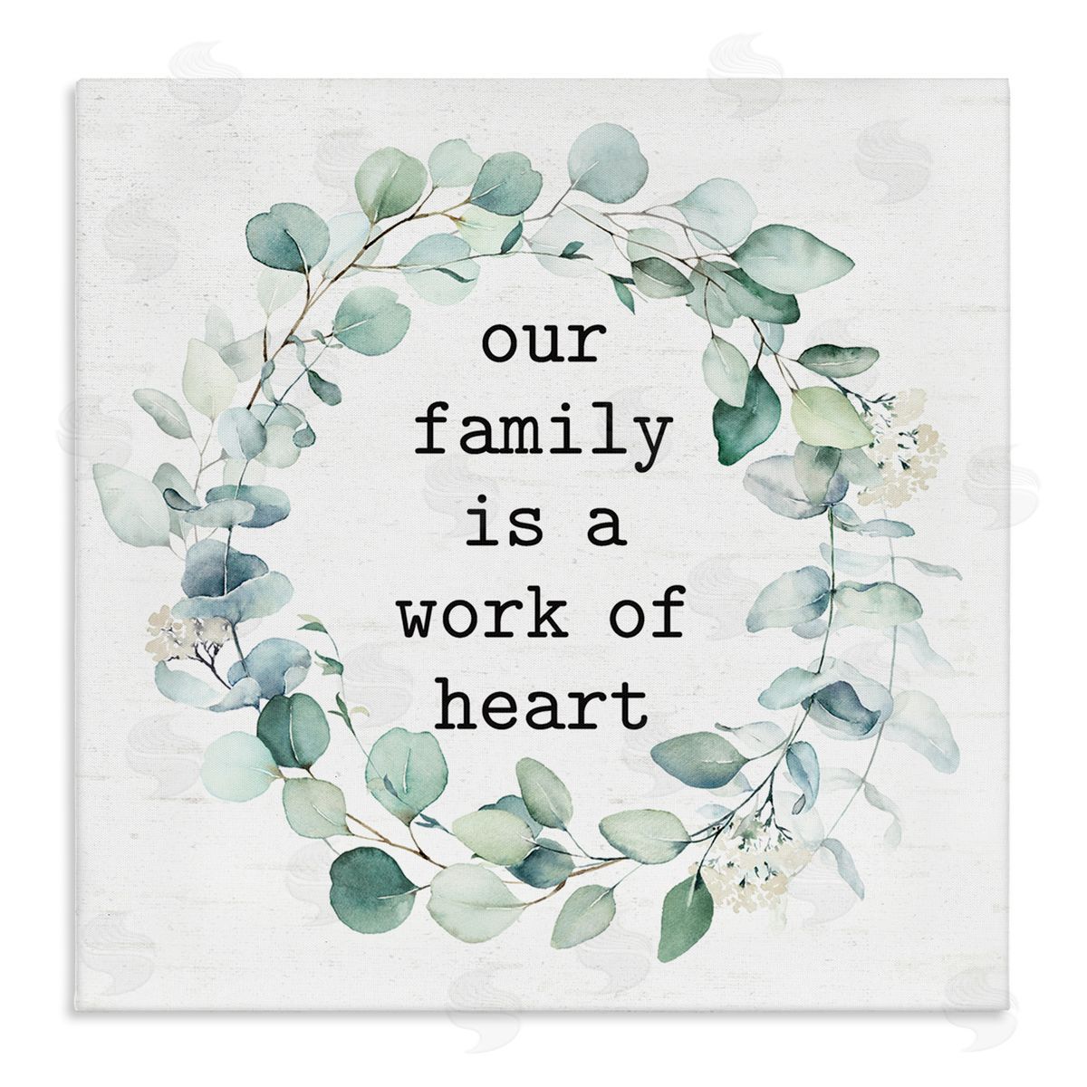 Lettered and Lined Work Of Heart Family Phrase Botanical Blooms Wreath  Stretched Canvas Wall Art Print