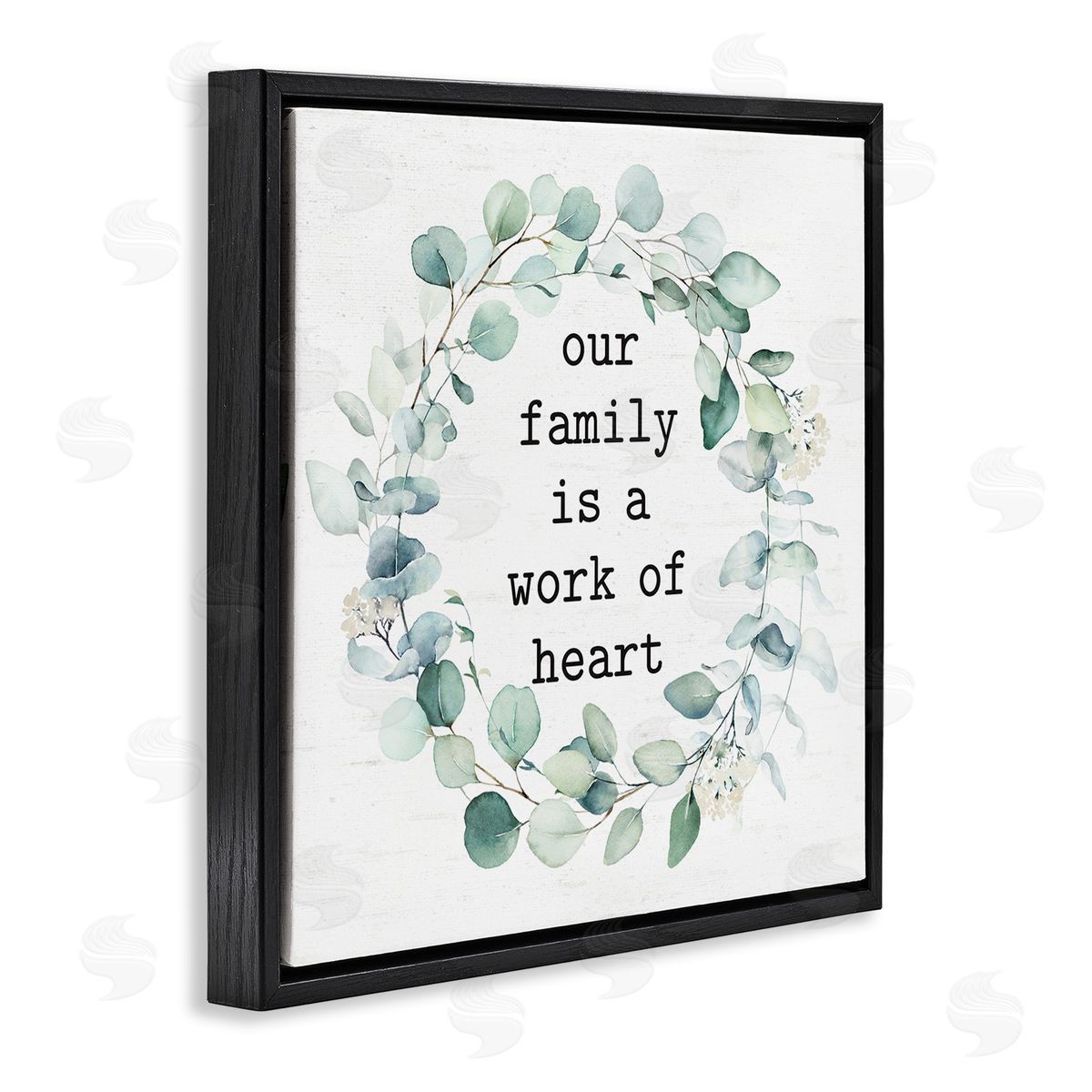 Lettered and Lined Work Of Heart Family Phrase Botanical Blooms Wreath  Black Floating Frame Canvas Wall Art Print