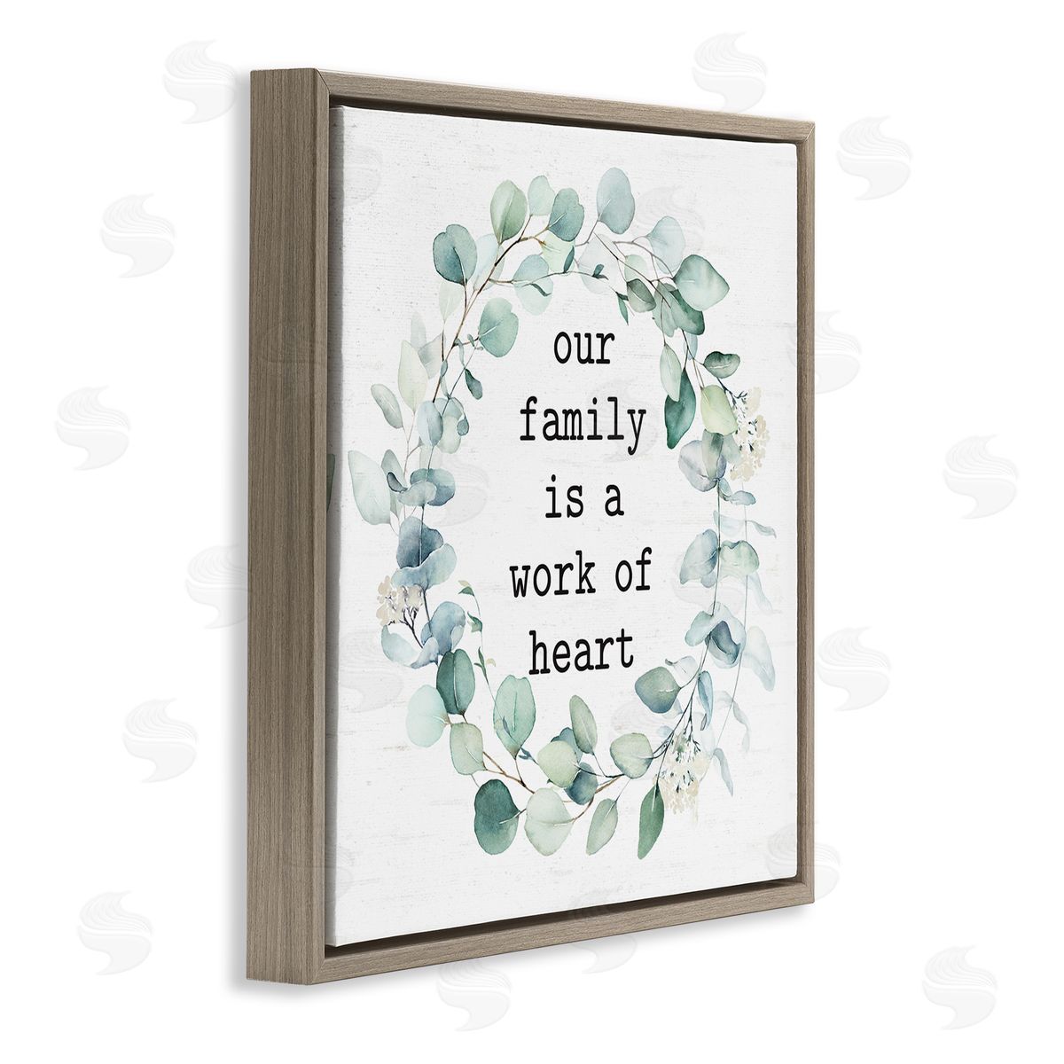 Lettered and Lined Work Of Heart Family Phrase Botanical Blooms Wreath  Brown Floating Frame Canvas Wall Art Print
