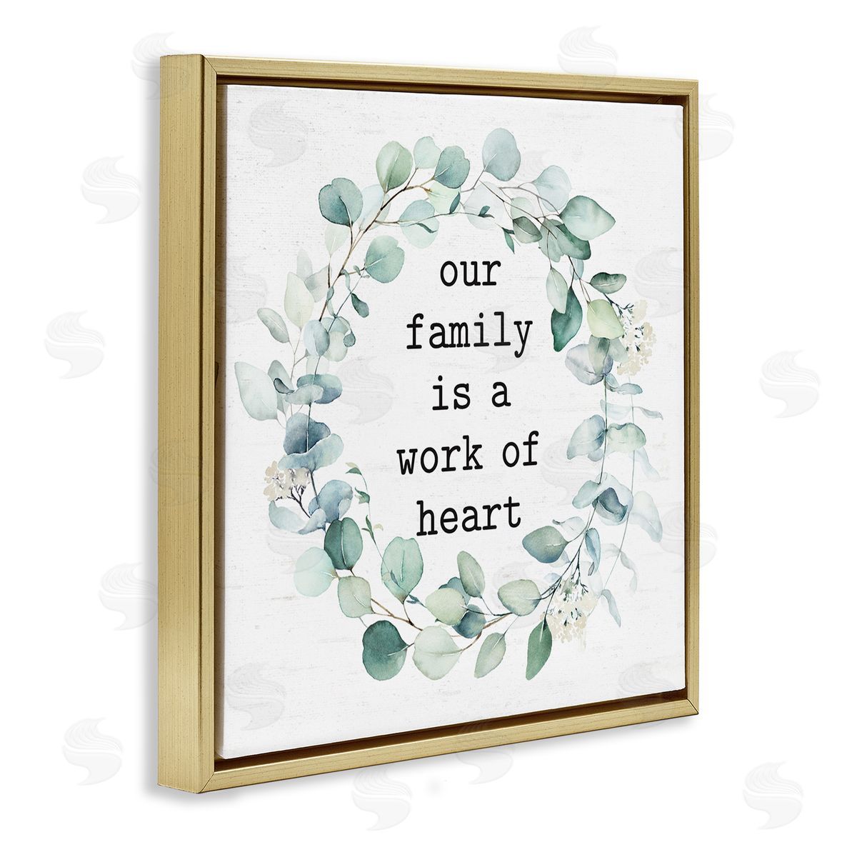 Lettered and Lined Work Of Heart Family Phrase Botanical Blooms Wreath  Gold Floating Frame Canvas Wall Art Print