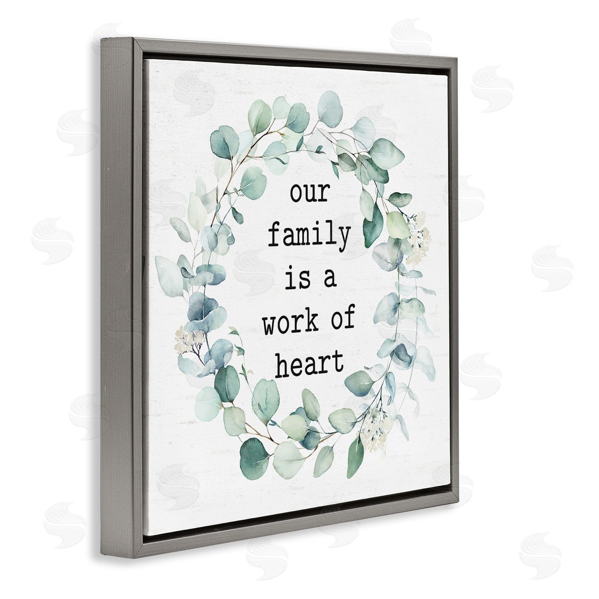 Lettered and Lined Work Of Heart Family Phrase Botanical Blooms Wreath  Gray Floating Frame Canvas Wall Art Print