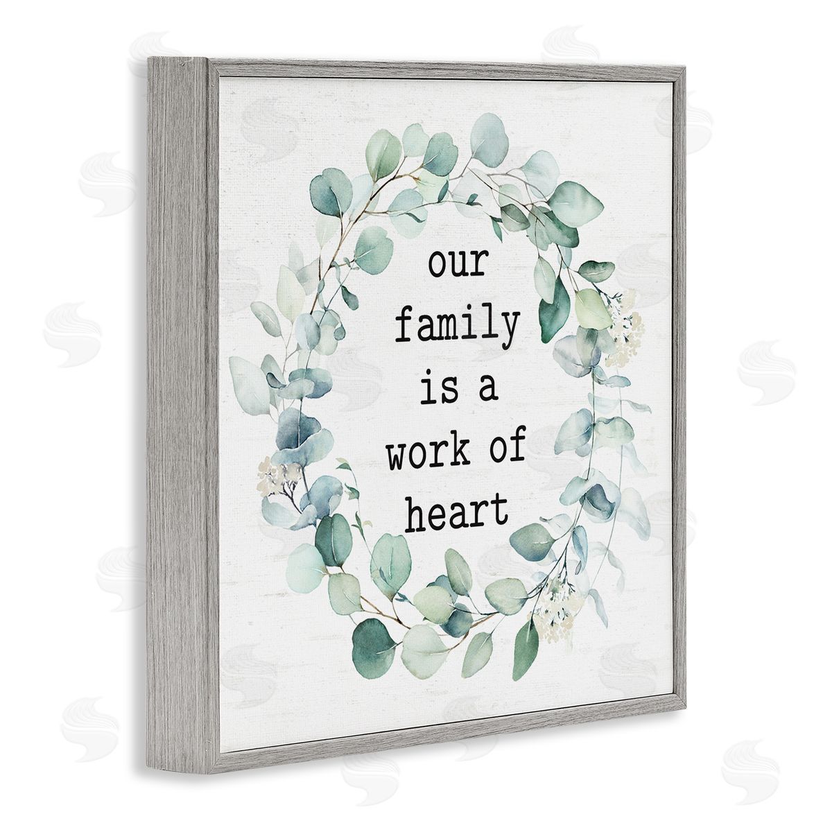 Lettered and Lined Work Of Heart Family Phrase Botanical Blooms Wreath  Gray Framed Glicee Wall Art Print