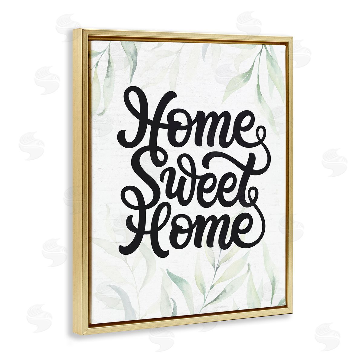Lettered and Lined Sweet Home Bold Retro Calligraphy Plant Leaves  Gold Floating Frame Canvas Wall Art Print