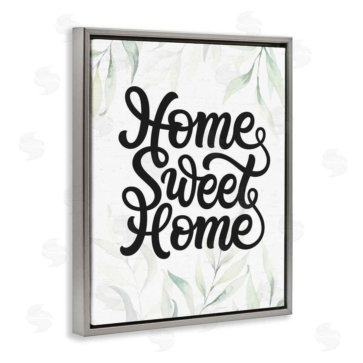Lettered and Lined Sweet Home Bold Retro Calligraphy Plant Leaves  Gray Floating Frame Canvas Wall Art Print