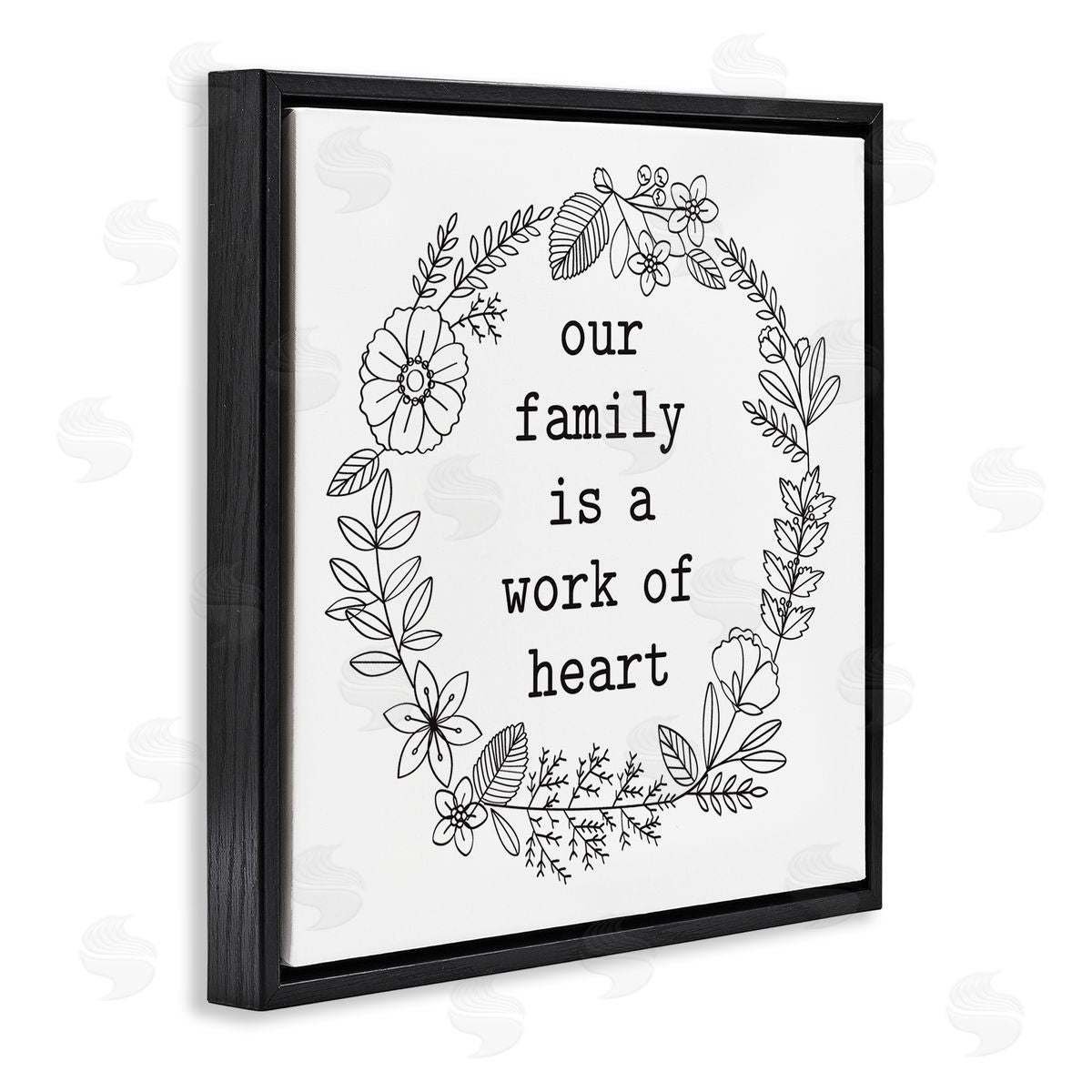 Lettered and Lined Work Of Heart Floral Outline Wreath Family Quote Black Floating Frame Canvas Wall Art Print