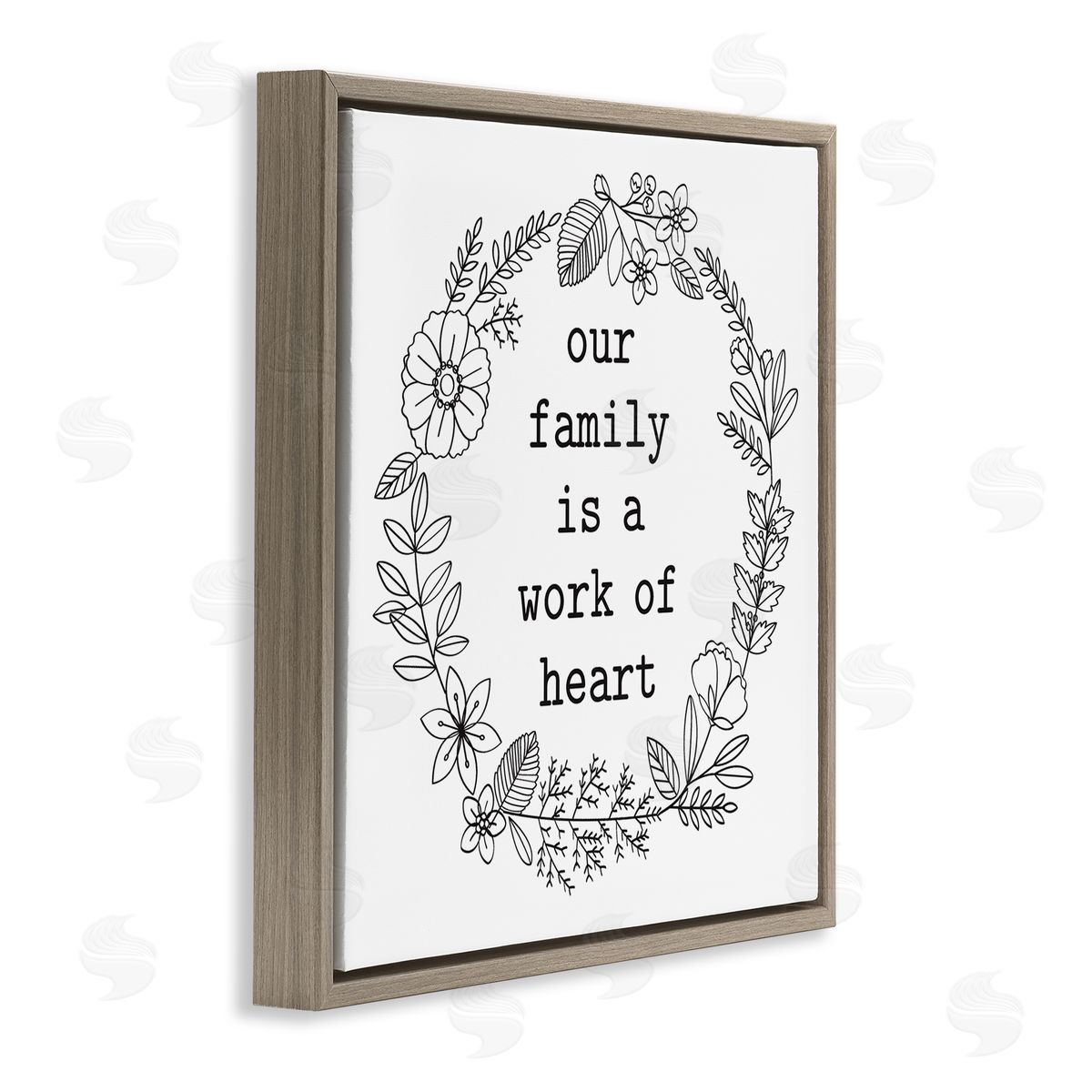 Lettered and Lined Work Of Heart Floral Outline Wreath Family Quote Brown Floating Frame Canvas Wall Art Print
