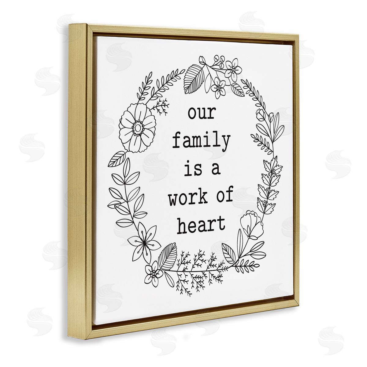 Lettered and Lined Work Of Heart Floral Outline Wreath Family Quote Gold Floating Frame Canvas Wall Art Print