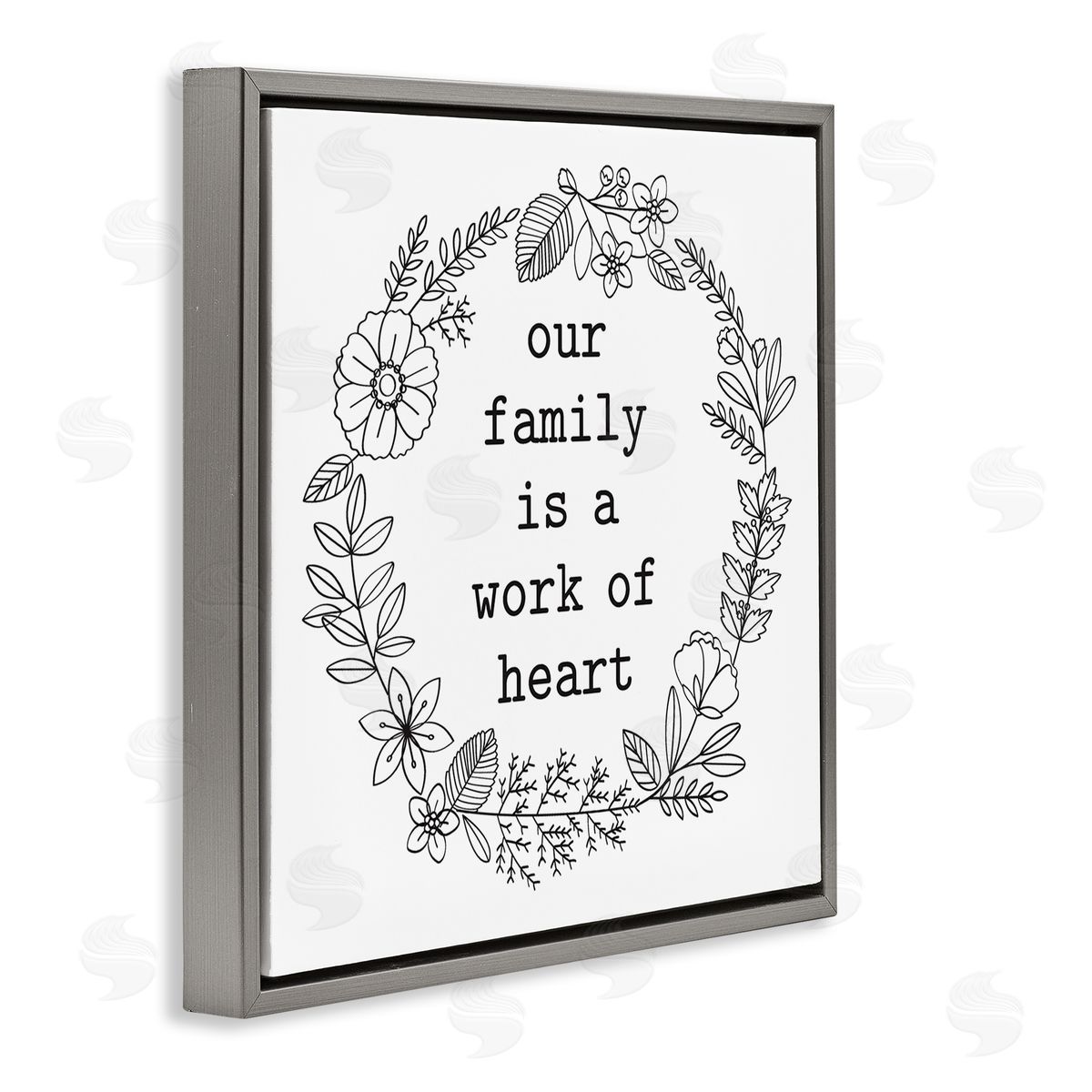 Lettered and Lined Work Of Heart Floral Outline Wreath Family Quote Gray Floating Frame Canvas Wall Art Print