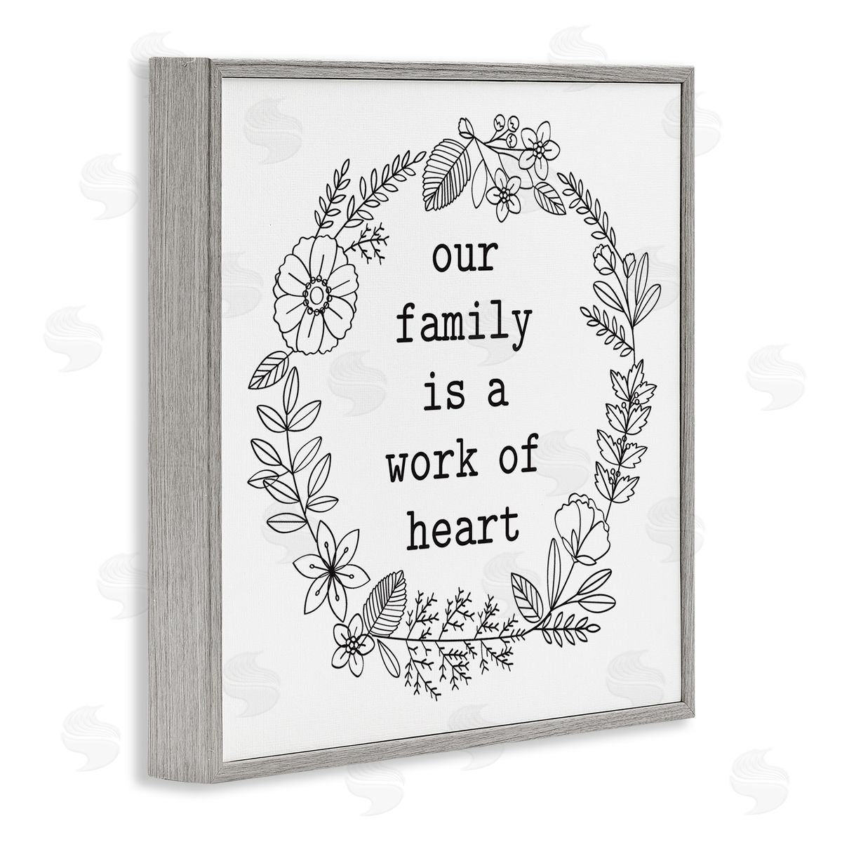 Lettered and Lined Work Of Heart Floral Outline Wreath Family Quote Gray Framed Glicee Wall Art Print