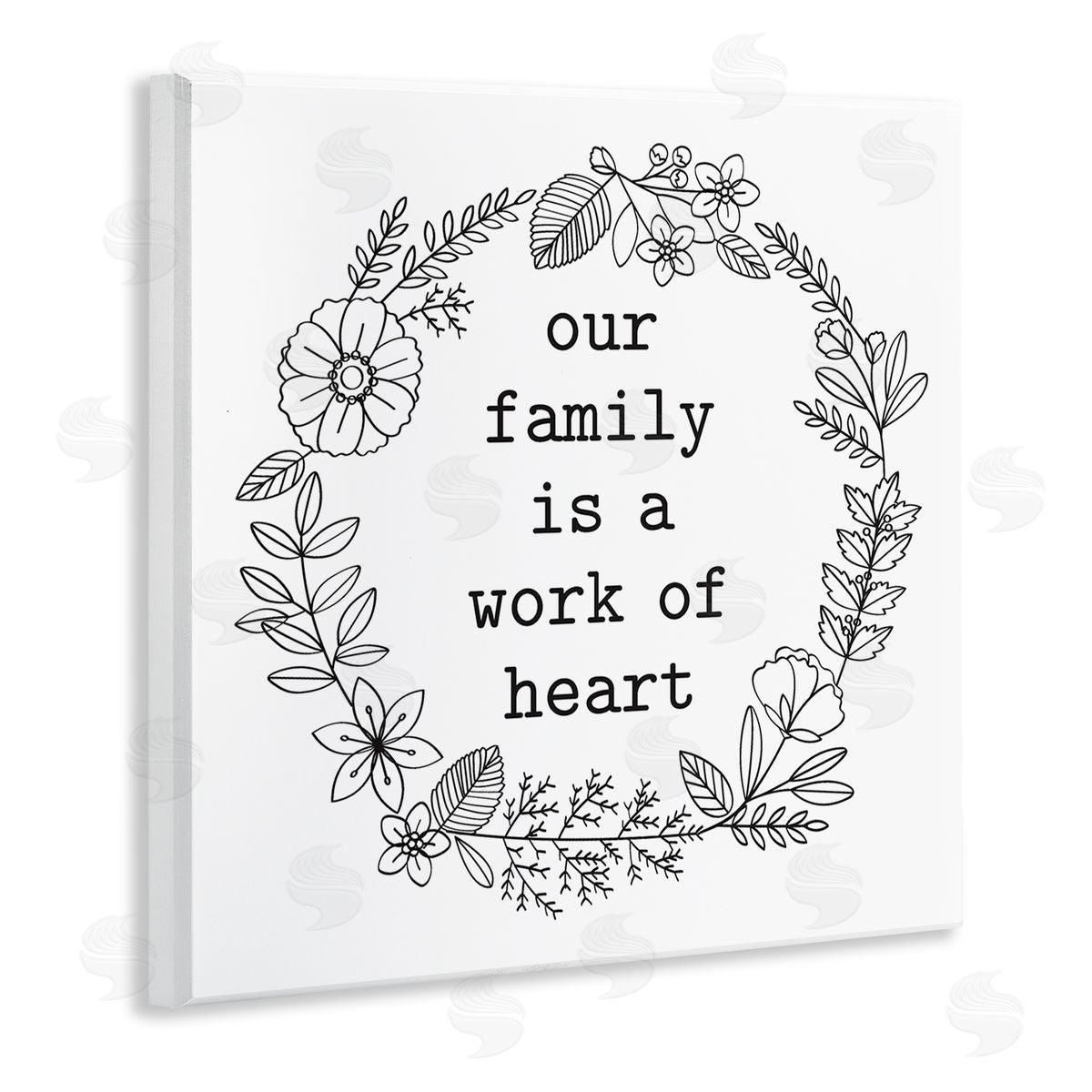 Lettered and Lined Work Of Heart Floral Outline Wreath Family Quote Wooden Wall Plaque Art Print