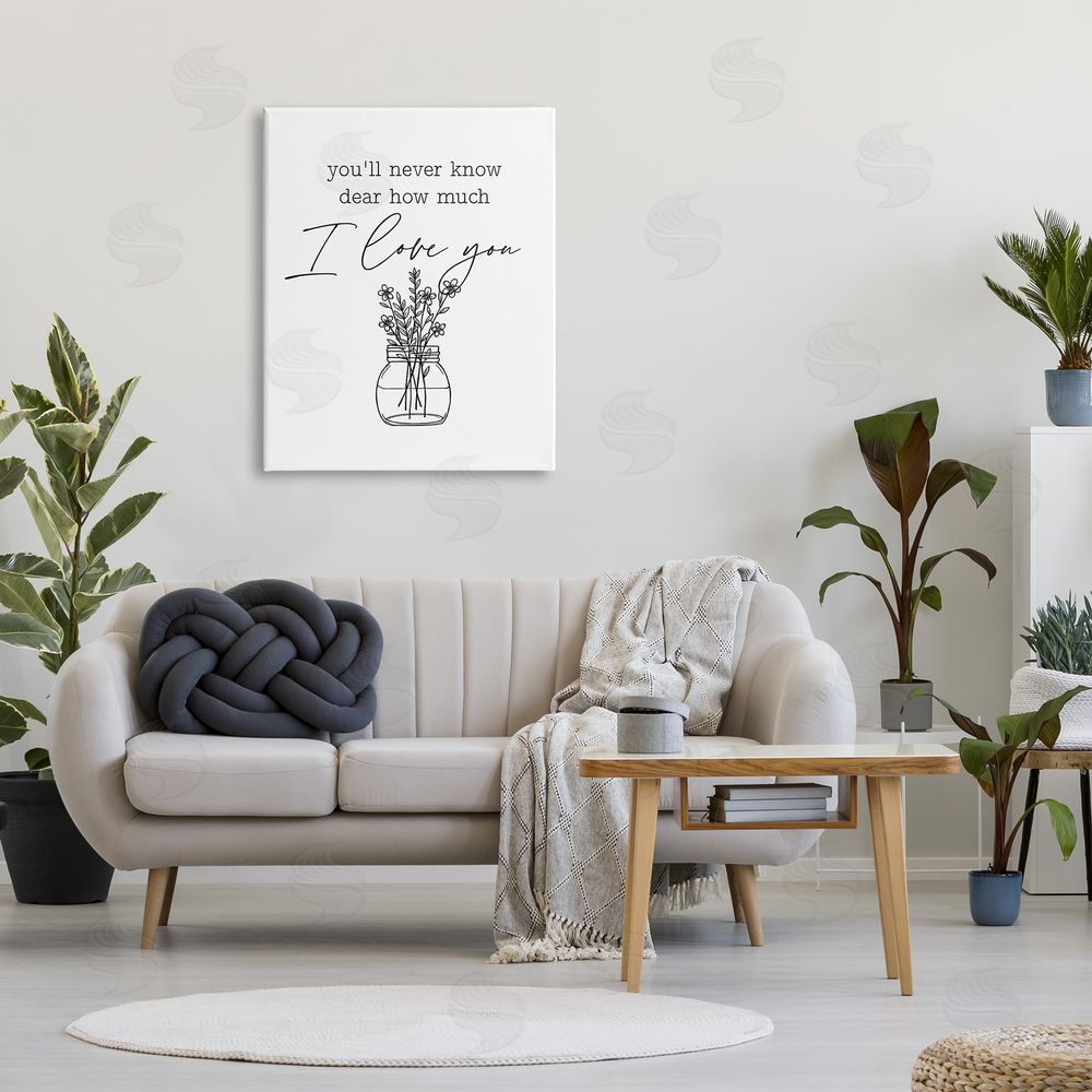 Lettered and Lined I Love You Simple Daisy Botanical Outline Bouquet Canvas Wall Art Print in Room