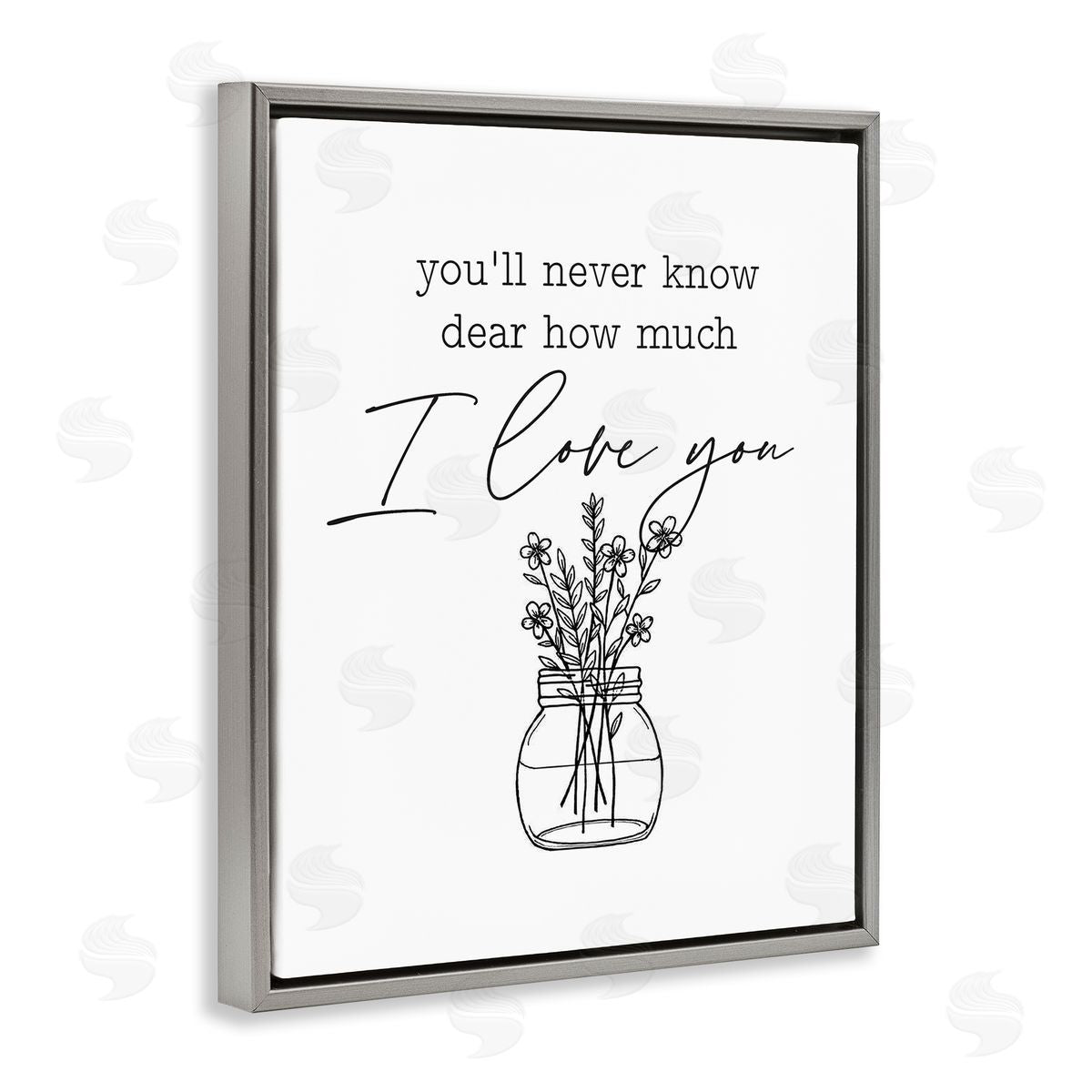 Lettered and Lined I Love You Simple Daisy Botanical Outline Bouquet Gray Floating Frame Canvas Wall Art Print