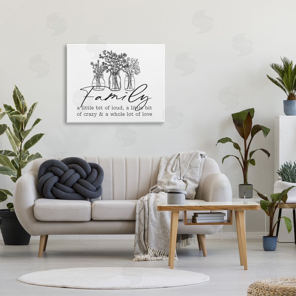 Lettered and Lined Heartwarming Family Phrase Botanical Blossoms Bouquets Canvas Wall Art Print in Room