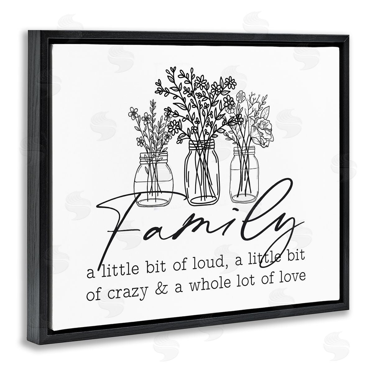 Lettered and Lined Heartwarming Family Phrase Botanical Blossoms Bouquets Black Floating Frame Canvas Wall Art Print