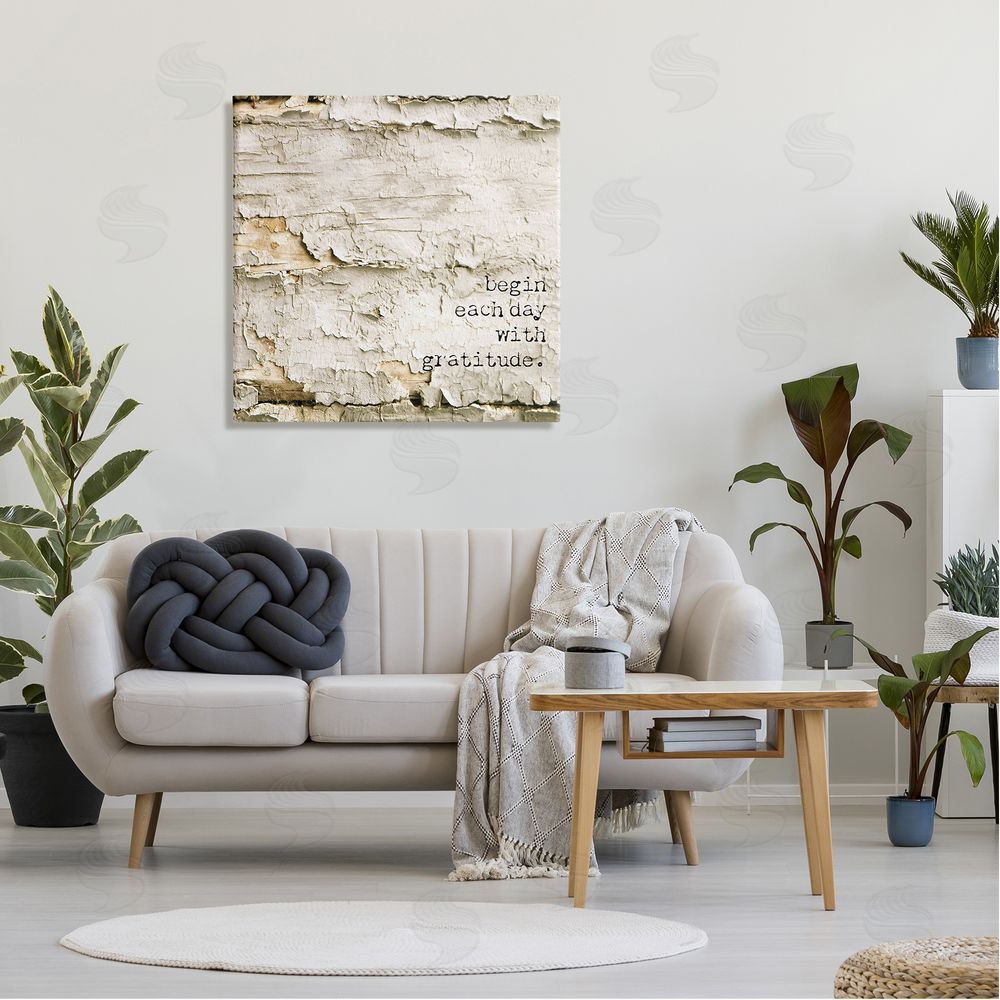 Graffitee Studios Inspiring Gratitude Typography Phrase Rustic Flaked Tree  Canvas Wall Art in Room