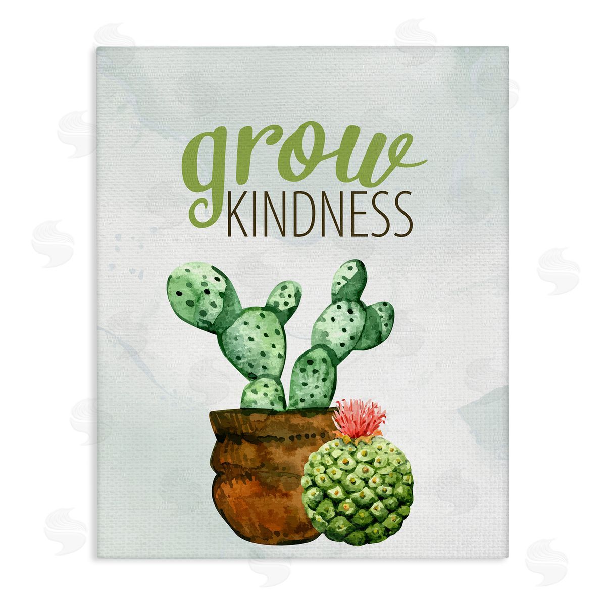 Kim Allen Grow Kindness Calligraphy Phrase Potted Cactus Plants Stretched Canvas Wall Art Print