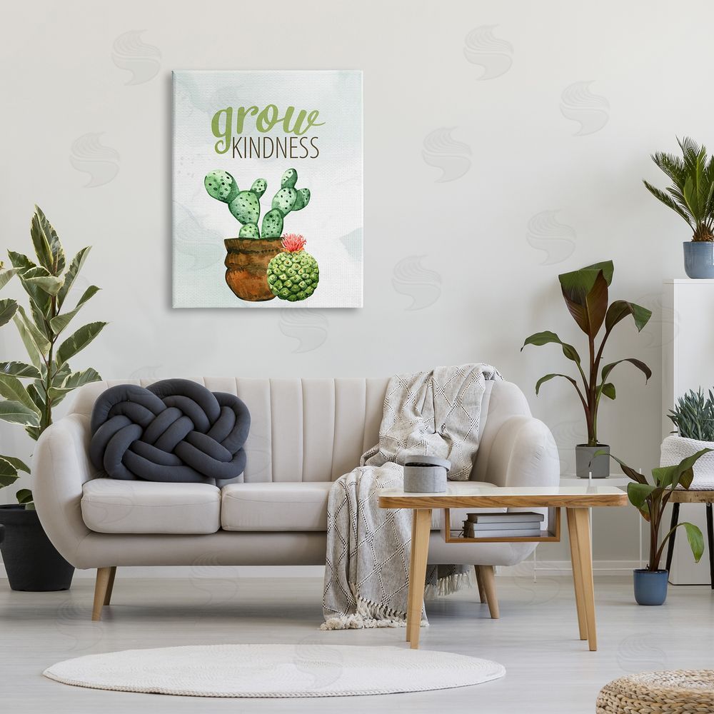 Kim Allen Grow Kindness Calligraphy Phrase Potted Cactus Plants Canvas Wall Art Print in Room