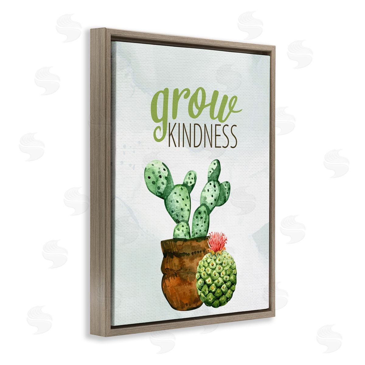 Kim Allen Grow Kindness Calligraphy Phrase Potted Cactus Plants Brown Floating Frame Canvas Wall Art Print