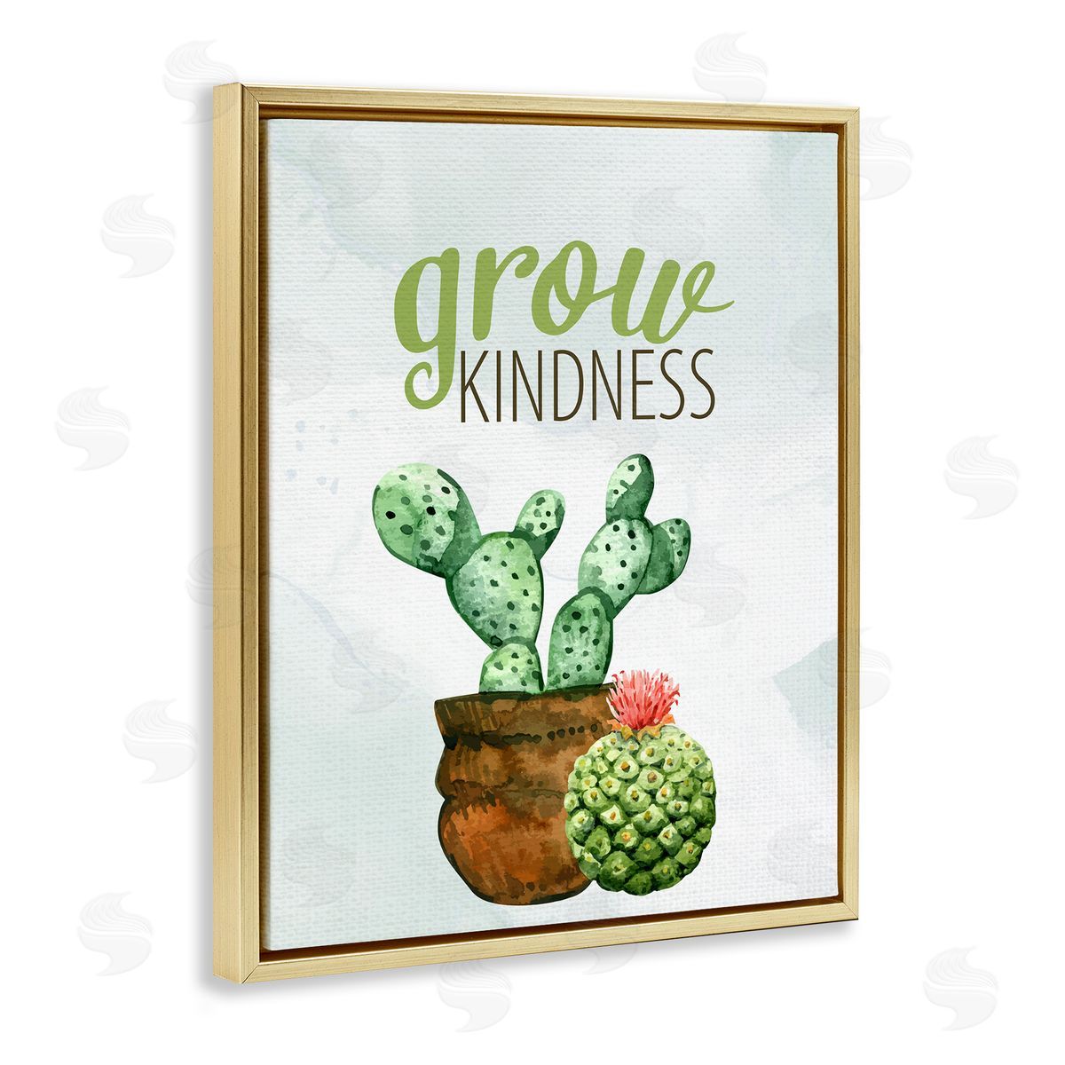 Kim Allen Grow Kindness Calligraphy Phrase Potted Cactus Plants Gold Floating Frame Canvas Wall Art Print